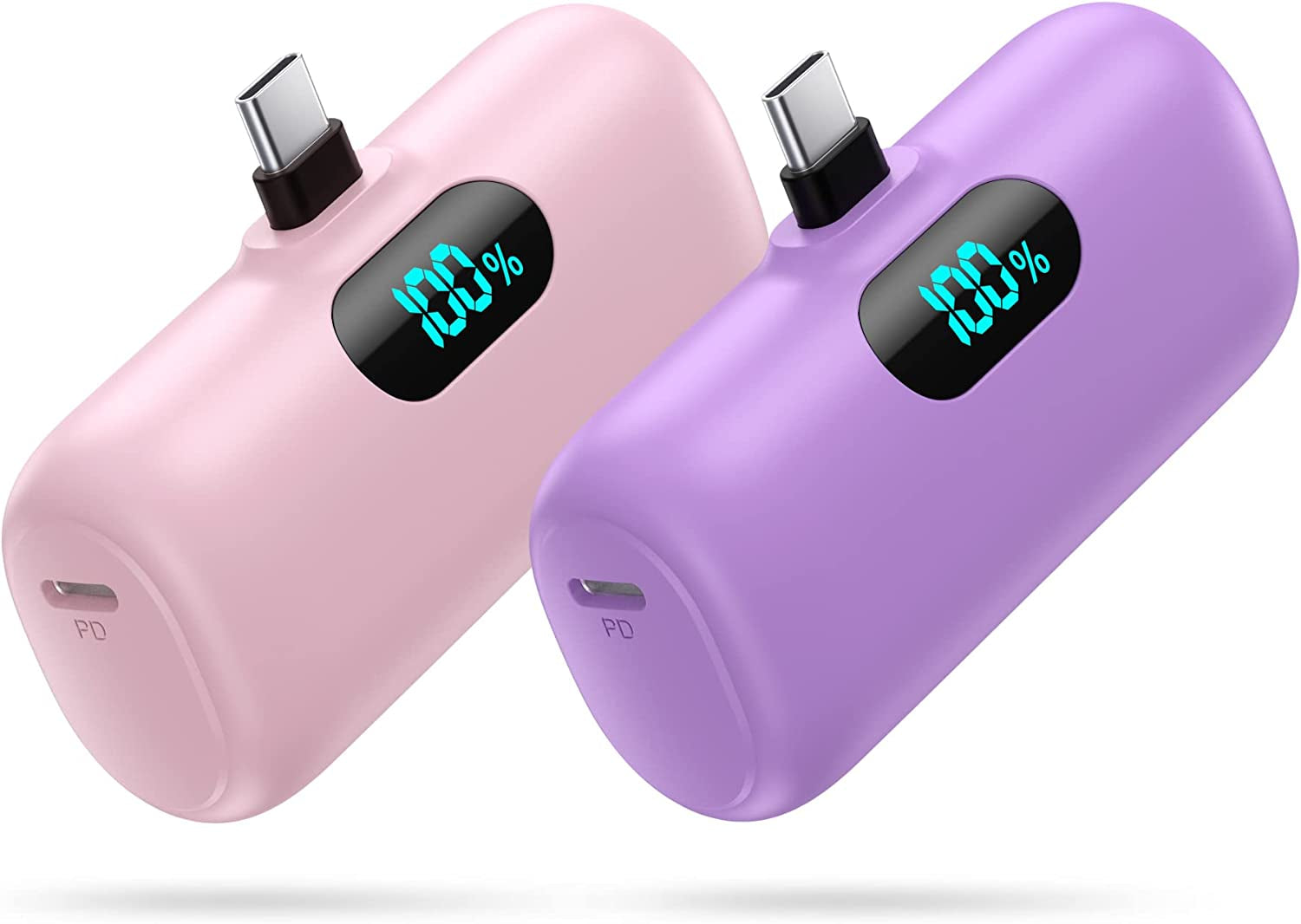 [2-Pack] Mini Portable Charger 5000Mah Power Bank, 3A PD USB C Cell Phone Portable Power, LCD Display Battery Pack Compatible with Android Phone/Samsung Galaxy S22,S21/Note/Moto/Lg/Pixel /Nexus Ect  Dongguan Yuanhaoxun Technology Co.,Ltd. Pink+purple  