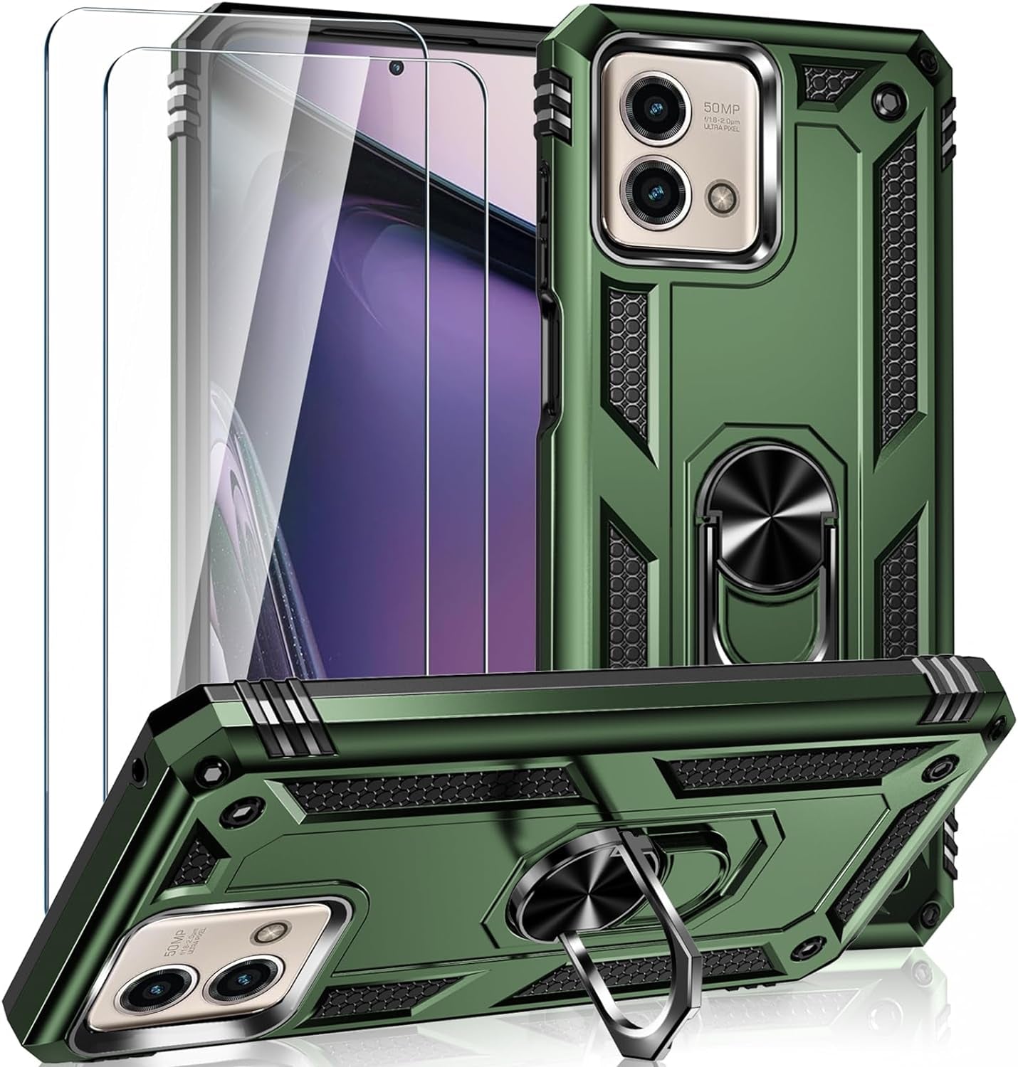 For Motorola Moto G Stylus 5G 2023 Case with 2 Pcs Tempered Glass Screen Protector, [Military-Grade] Rugged Heavy Duty Shockproof Phone Case Cover with Kickstand for Moto G Stylus 5G 2023, Black  Steuscey Oliver Green  