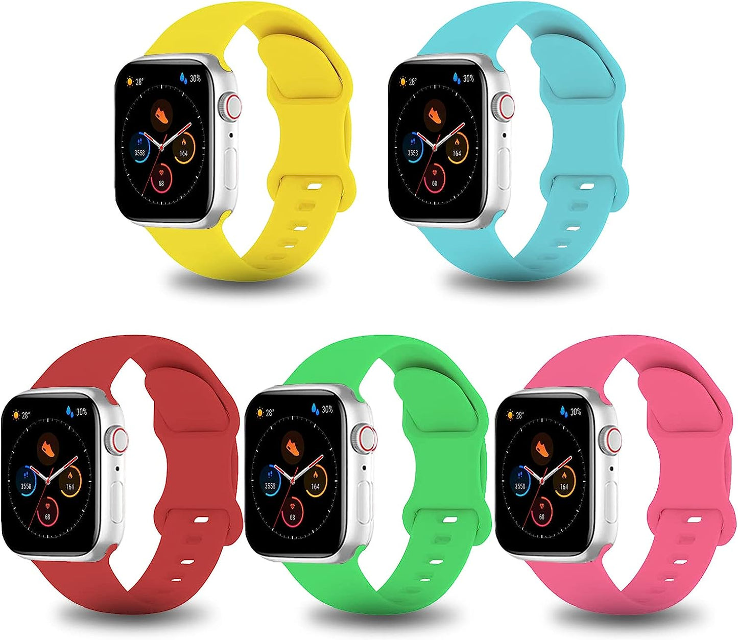5 Pack Silicone Watch Band Compatible with Apple Watch Band 49Mm 45Mm 44Mm 42Mm 41Mm 40Mm 38Mm for Women Men,Smartwatch Bands for Iwatch Ultra SE2 SE Series 8 7 6 5 4 3 2 1  PZAZT Yellow/Jewelry Blue/Red/Green/Pink 38MM/40MM/41MM 