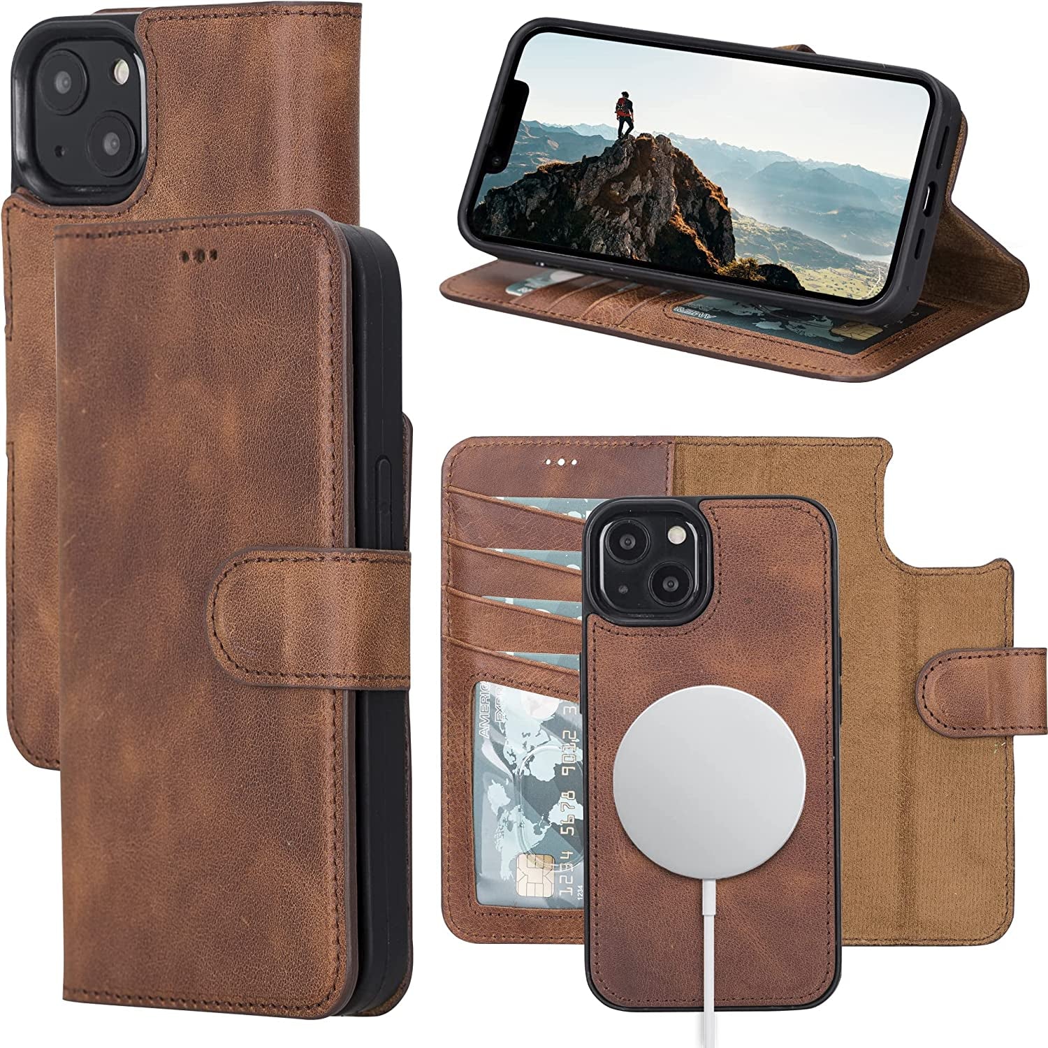 OXA Leather 2-In-1 Wallet Case Compatible with Iphone 14 Pro Max | Magnetic Detachable | Shockproof | RFID Blocking | Flip Case with Kickstand | Compatible with Magsafe | - Purple  OXA Brown iPhone 14 