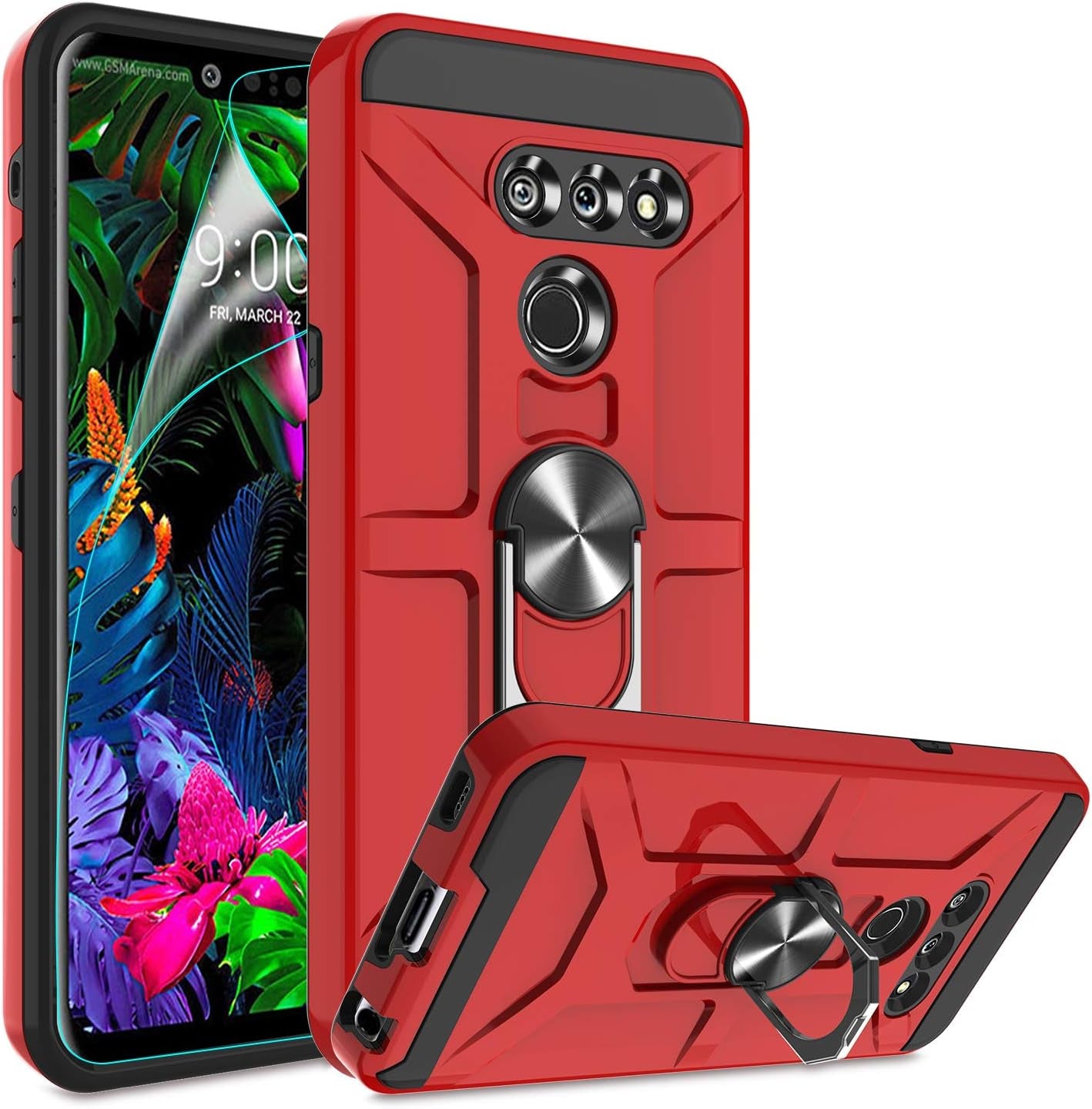 G8 Thinq Case, G8 Case with HD Screen Protector, Atump 360° Rotation Ring Holder Kickstand [Work with Magnetic Car Mount] PC+ TPU Phone Case for LG G8, Rose Gold  Atump Red  