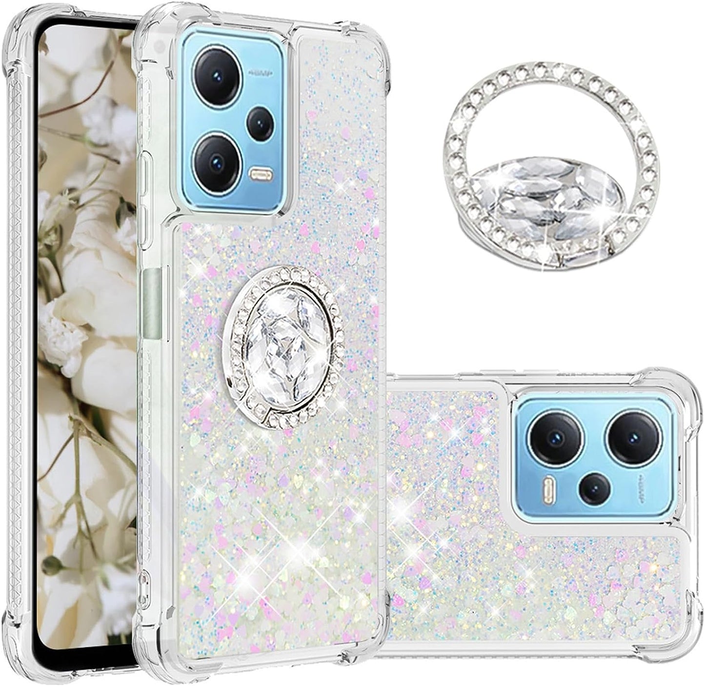 Ephoou for Xiaomi Redmi Note 12 4G Glitter Case for Women Girls, Sparkle Flowing Clear Quicksand Waterfall Soft TPU Liquid Case Cover with Bling Diamond Ring for Xiaomi Redmi Note 12 4G Lsz-Silver  Ephoou Colorful  