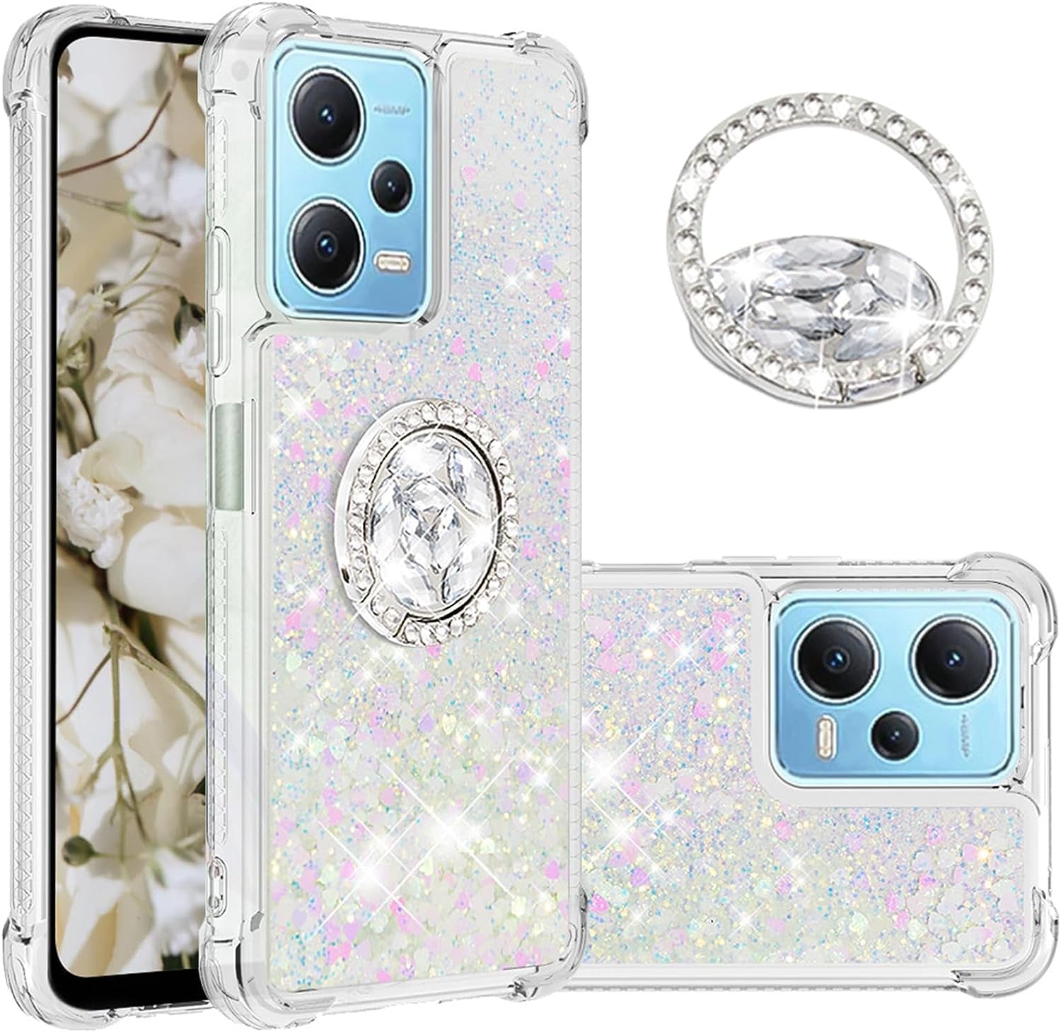 Ephoou for Xiaomi Redmi Note 12 4G Glitter Case for Women Girls, Sparkle Flowing Clear Quicksand Waterfall Soft TPU Liquid Case Cover with Bling Diamond Ring for Xiaomi Redmi Note 12 4G Lsz-Silver  Ephoou Colorful  