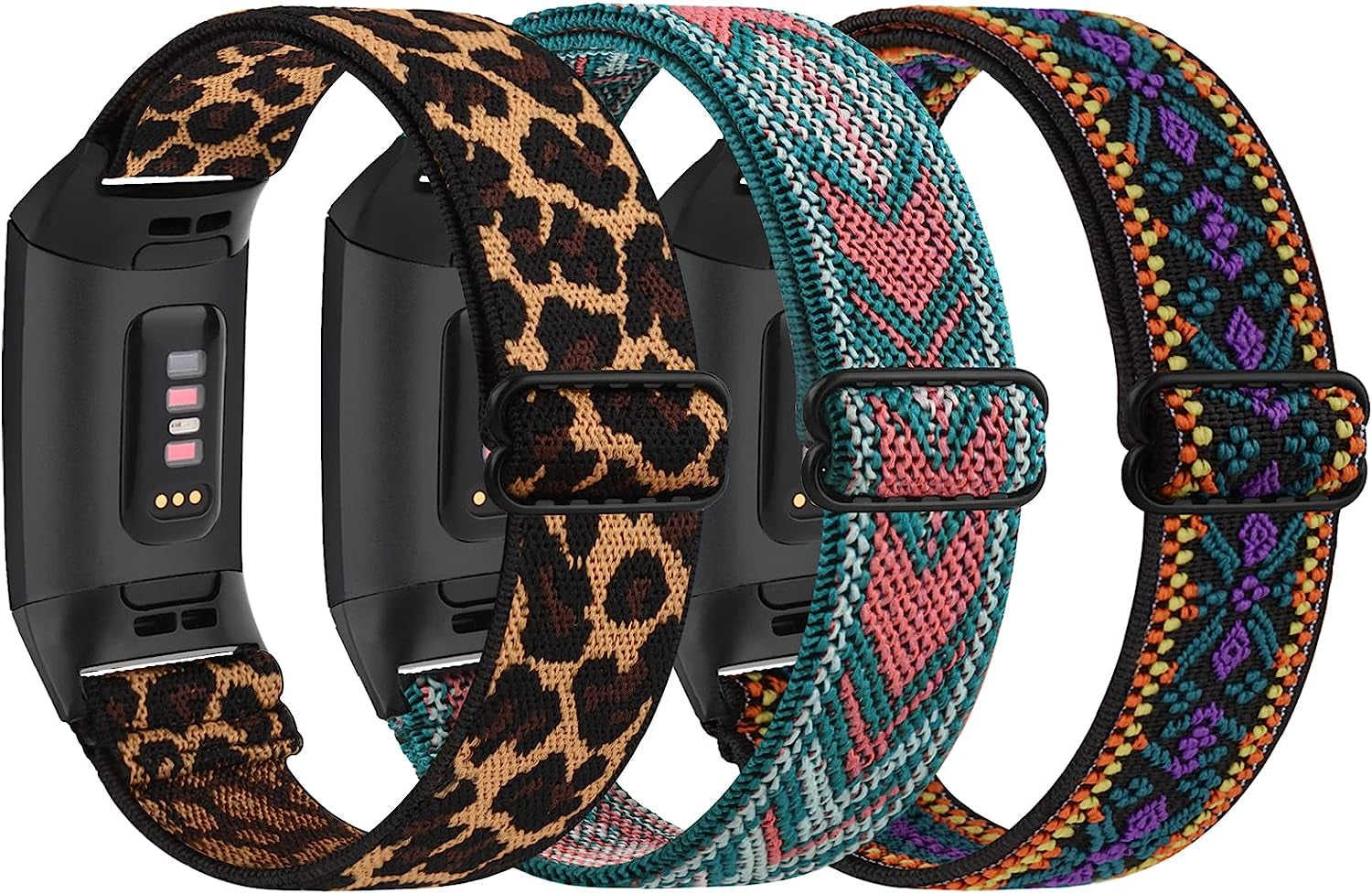 [3 Pack] Adjustable Elastic Bands Compatible with Fitbit Charge 4 / Charge 3 / Charge 4 SE Soft Stretchy Loop Bracelet Women Men Replacement Wristbands  Amzpas Leopard, Green Arrow, Boho Purple  