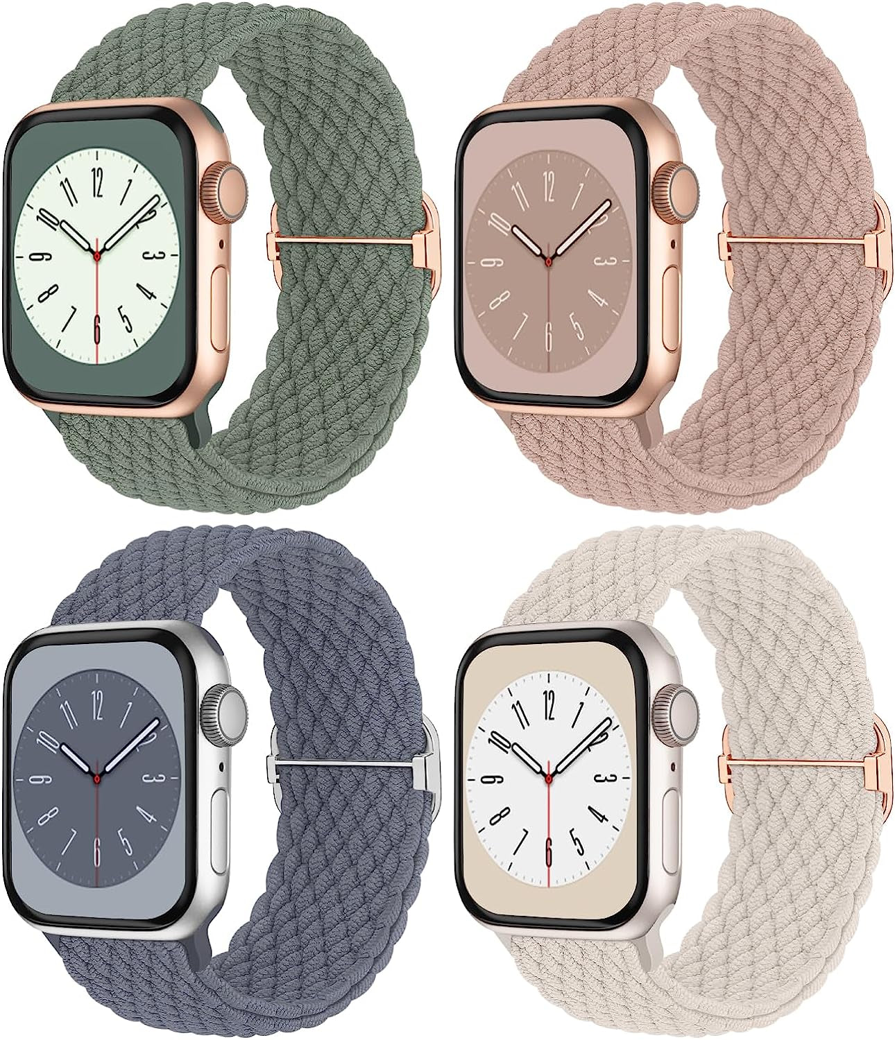 Braided Solo Loop Compatible with Apple Watch Band 38Mm 40Mm 41Mm 42Mm 44Mm 45Mm 49Mm for Women Men, Stretchy Straps Elastic Sport Wristbands for Iwatch Series 8 7 6 5 4 3 2 1 SE Ultra, 4 Packs  Butifacion Starlight/Nude Pink/Cactus/BlueGrey 42/44/45/49mm 