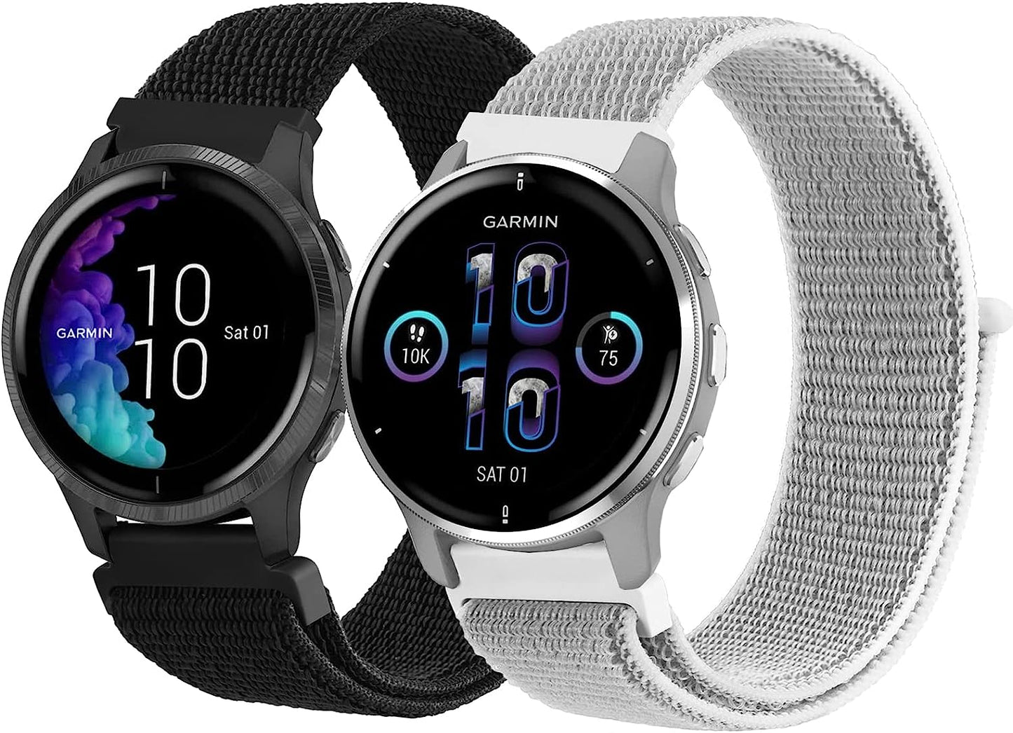 2 Pack Bands for Garmin Venu / Venu 2 plus / Venu Sq Watch Band Women Men, Soft Nylon Adjustable Replacement Wristband Strap for Garmin Vivomove Sport, Vivoactive 3 / 3 Music, Forerunner 645 / 245 Music Smart Watch  Wanme Black+Seashell  