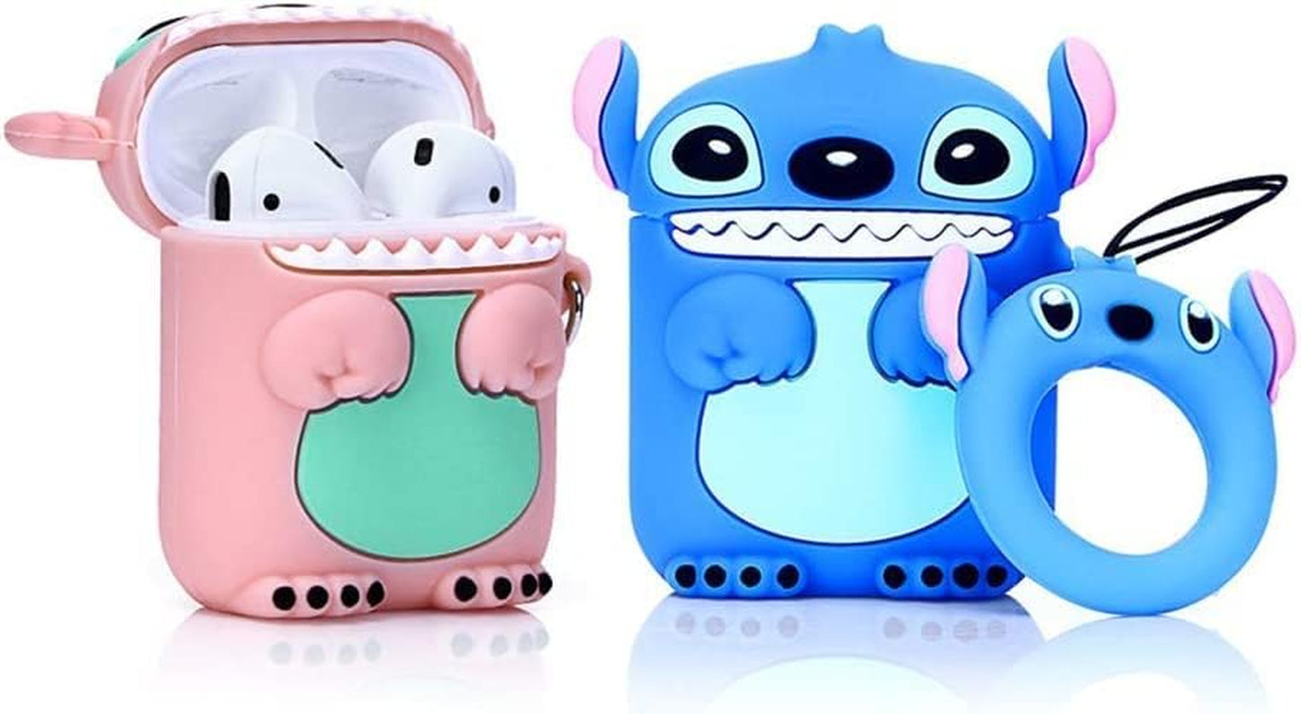 (2 Pack) BGAANM Cute Airpods 1/2 Case Silicone Cover with Keychain, Cartoon Skin Design Headphones Charging Case Protective Cover Accessories Kits Compatible for Airpods 1 and 2 (Radiowhite+Radiopink)  BGAANM Stitch+Angie  