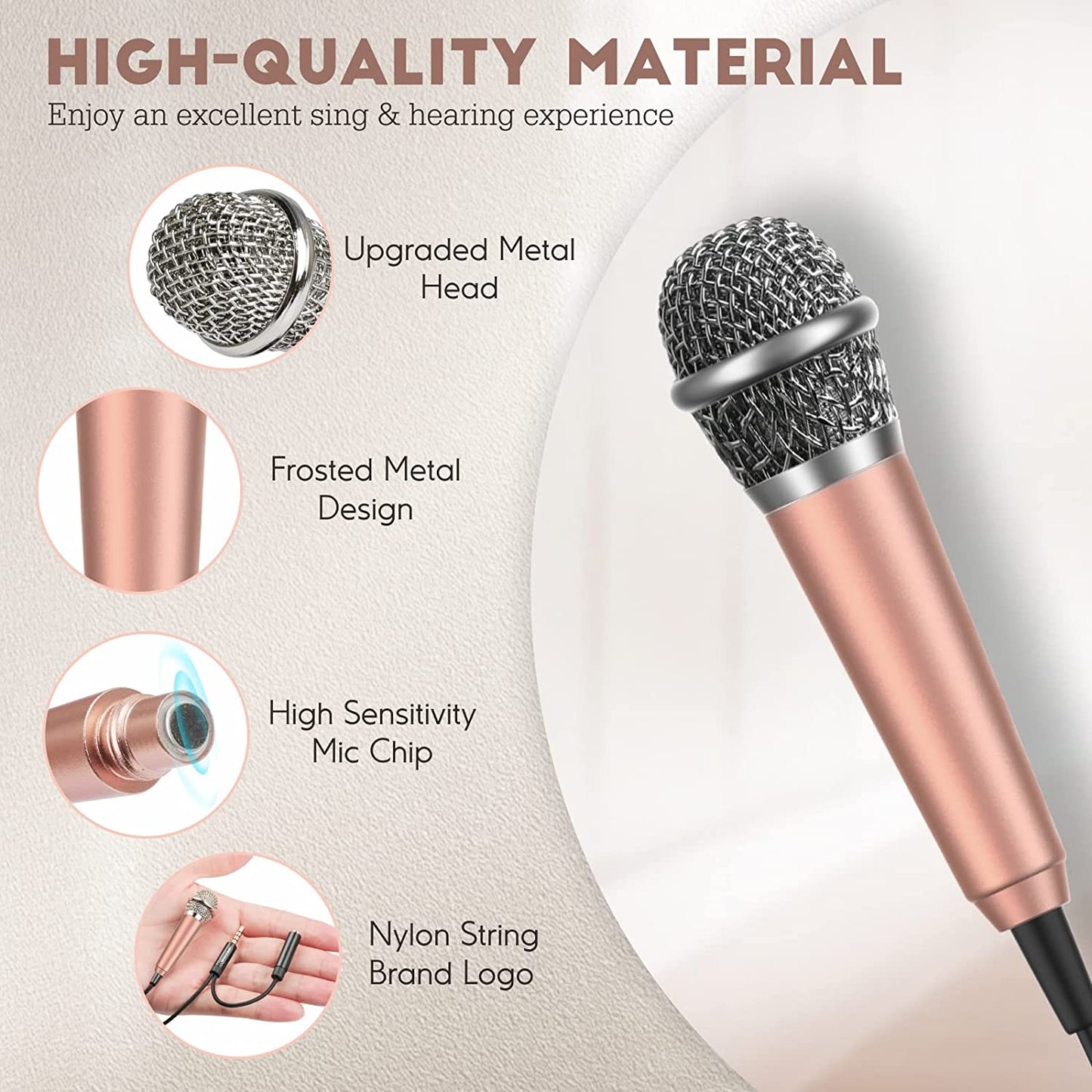 Mini Microphone, Wootrip Karaoke Tiny Microphone for Voice Recording Interview, Portable Small Singing Mic 3.5Mm Plug with Stand Suitable for Android Phone,Iphone,Ipad, Laptop (Rose Gold)  Wootrip   