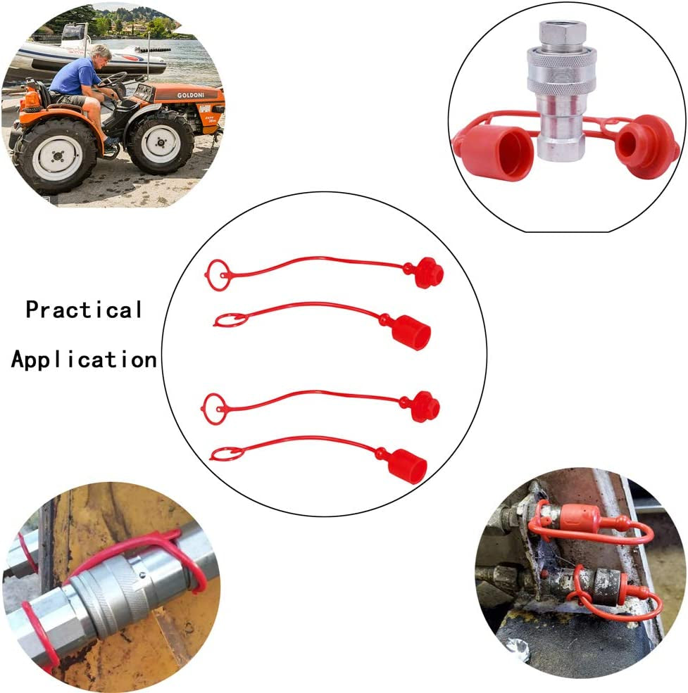 2Sets 1/2" Hydraulic Coupler Dust Cap, Male Dust Cap and Female Plug Cover for Flat Face Quick Coupler Bobcat Skid Steer, ISO a Pioneer Style Red Cap with Retention Ring  Yowming   