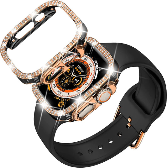 DABAOZA Compatible for Apple Watch Ultra Band with Glitter Bumper Case, Women Silicone Soft Comfortable Adjustable Strap with Buckle for Iwatch Ultra Band (Black Rosegold, 49Mm)  DABAOZA   