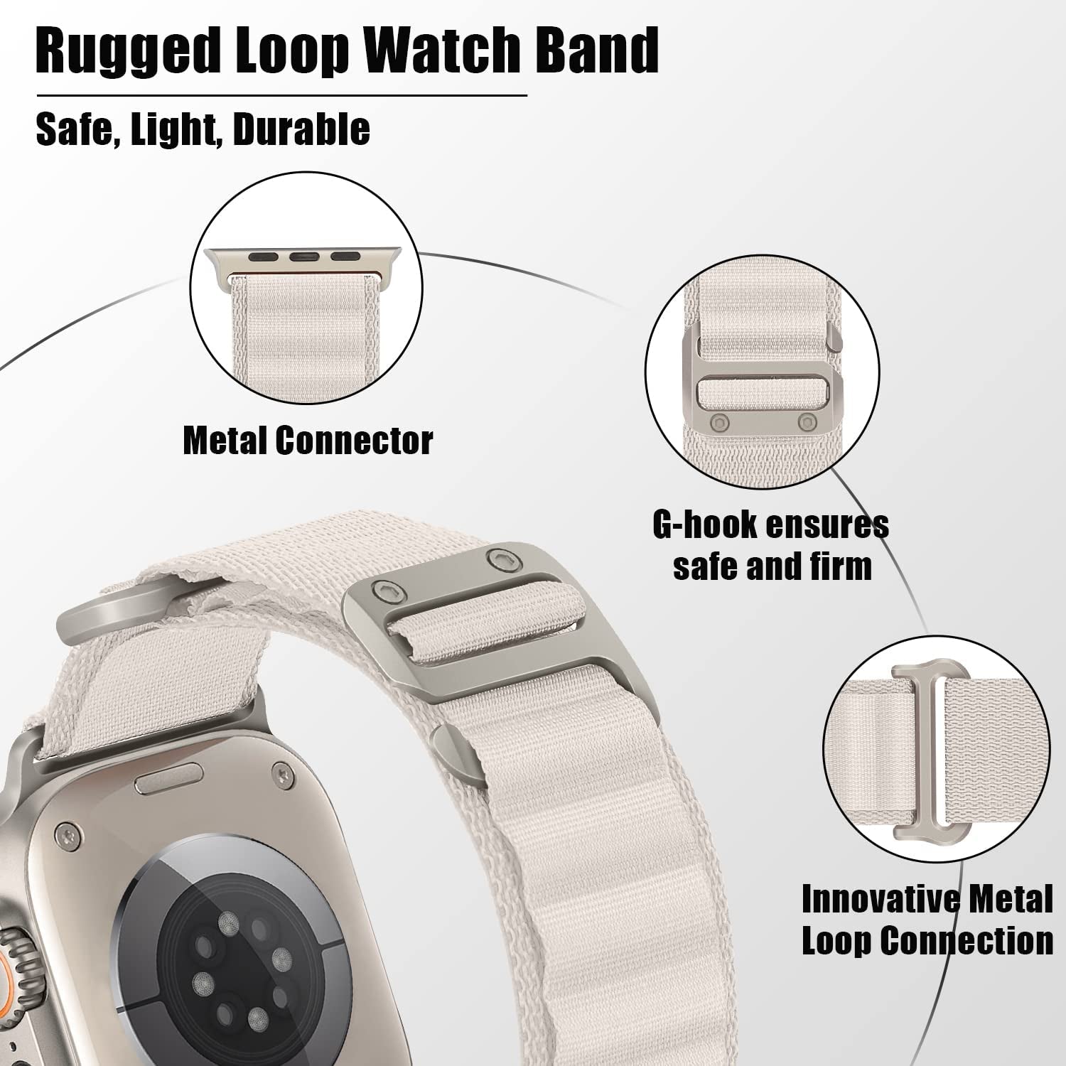 HITZEE Compatible with Apple Watch Band 49Mm 45Mm 44Mm 42Mm, Nylon Braided Loop Bands Adjustable Sport Strap Designed for Apple Watch Ultra Series 8 7 SE 6 5 4 3 2 1, Starlight, L  HITZEE   