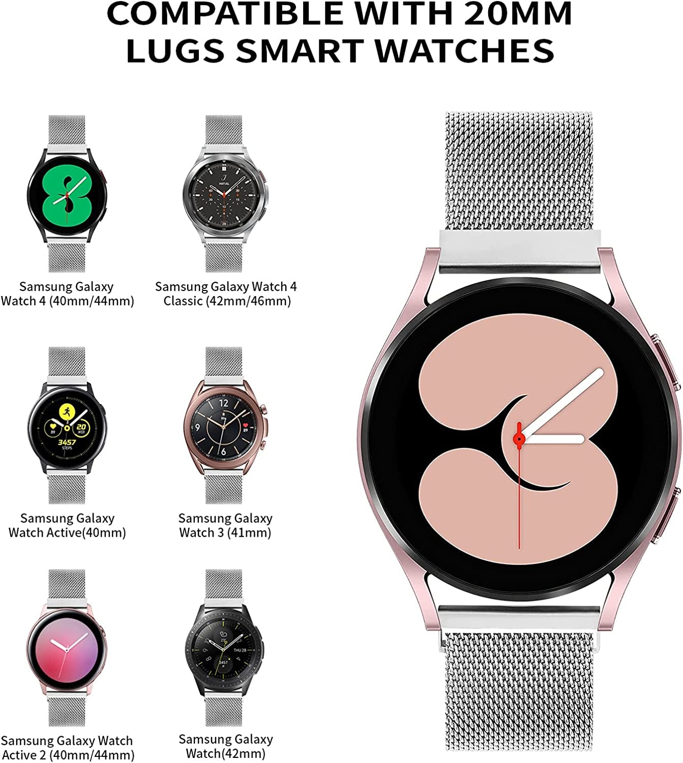 Vomulato Magnetic Bands Compatible with Samsung Galaxy Watch 5/4 40Mm 44Mm,Galaxy Watch 5 Pro 45Mm, Galaxy Watch 4 Classic 42Mm 46Mm, Galaxy Watch 3 41Mm ,Galaxy Active 2/ Active, 20Mm Adjustable Replacement Metal Wristband for Women Men  Vomulato   