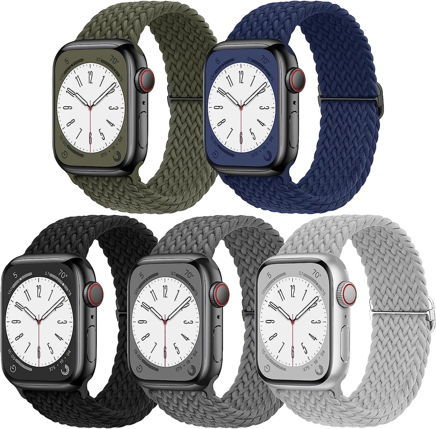 EOMTAM 5 Pack Braided Stretchy Adjustable Straps Compatible for Apple Watch Band 38Mm 40Mm 41Mm 42Mm 44Mm 45Mm 49Mm for Women Men ,Sport Elastic Nylon Cloth Wristbands for Iwatch Series Ultra 8 SE 7 6 5 4 3  EOMTAM Olive/Deep Gray/ Navy/Gray/Black 38MM/40MM /41MM 