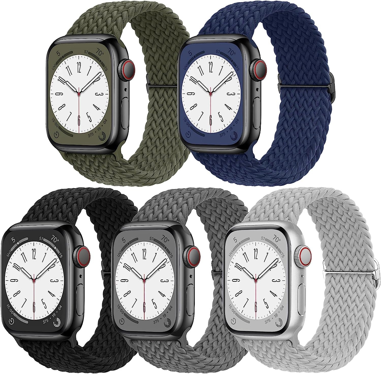 EOMTAM 5 Pack Braided Stretchy Adjustable Straps Compatible for Apple Watch Band 38Mm 40Mm 41Mm 42Mm 44Mm 45Mm 49Mm for Women Men ,Sport Elastic Nylon Cloth Wristbands for Iwatch Series Ultra 8 SE 7 6 5 4 3  EOMTAM Olive/Deep Gray/ Navy/Gray/Black 38MM/40MM /41MM 