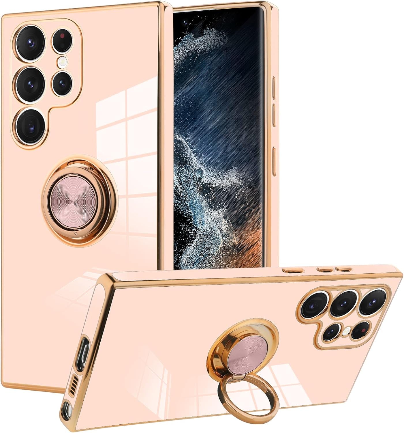 KANGHAR Compatible with Samsung Galaxy S23 5G Case for Women Girls, Plating Built-In 360 Rotation Magnetic Ring Kickstand Holder Soft Slim Shockproof Bumper Protective Cover (Blue)  KANGHAR Pink Samsung Galaxy S23 Ultra 