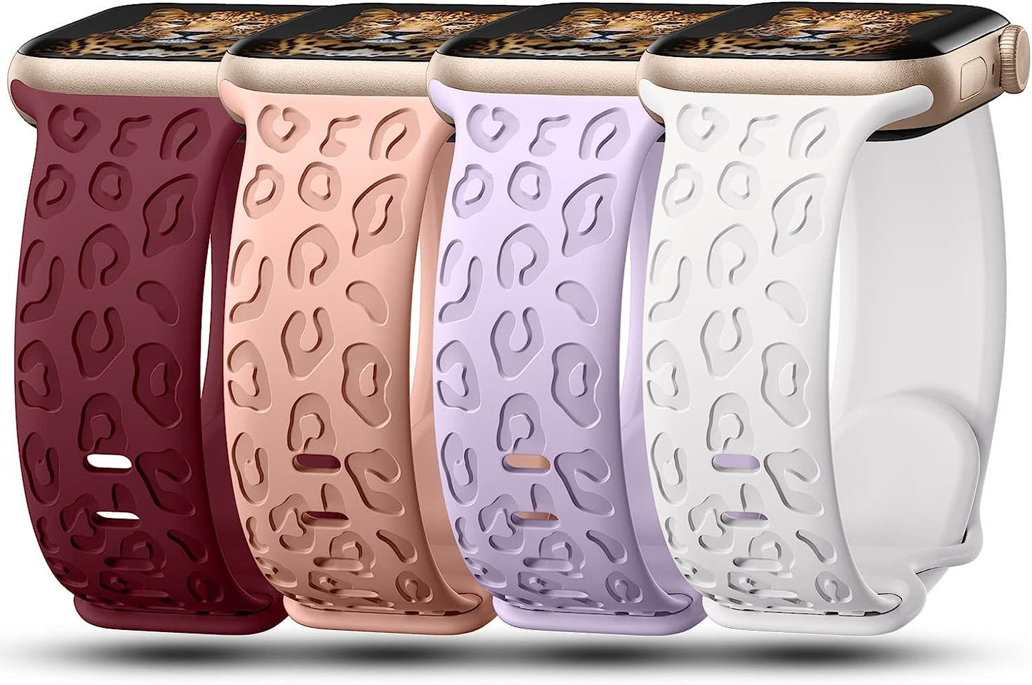 Creategreat Engraved Bands Compatible with Apple Watch Band 45Mm 44Mm 42Mm 41Mm 40Mm 38Mm, Leopard Flower Boho Pattern Soft Silicone Strap Compatible with Iwatch Series 8 7 6 5 4 3 2 1 SE, Women Men  CreateGreat Wine Red,Sand Pink,White,Lavender 45MM/44MM/42MM 