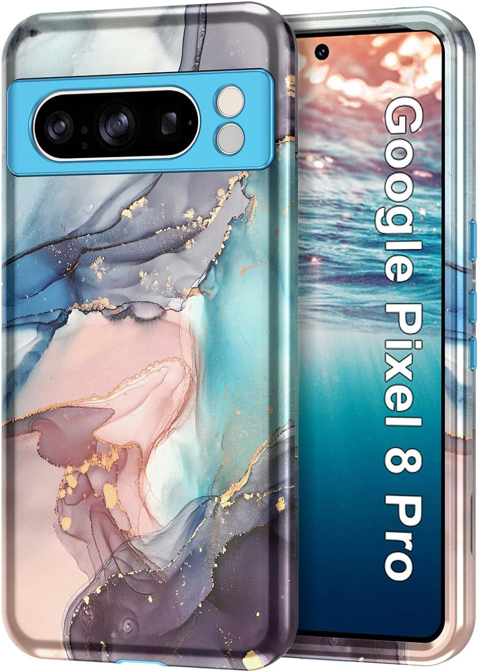 Btscase for Google Pixel 8 Pro Case (2023), Marble Pattern 3 in 1 Heavy Duty Shockproof Full Body Rugged Hard Pc+Soft Silicone Drop Protective Women Girl Cover for Google Pixel 8 Pro, Rose Gold  Btscase Blue Gray  