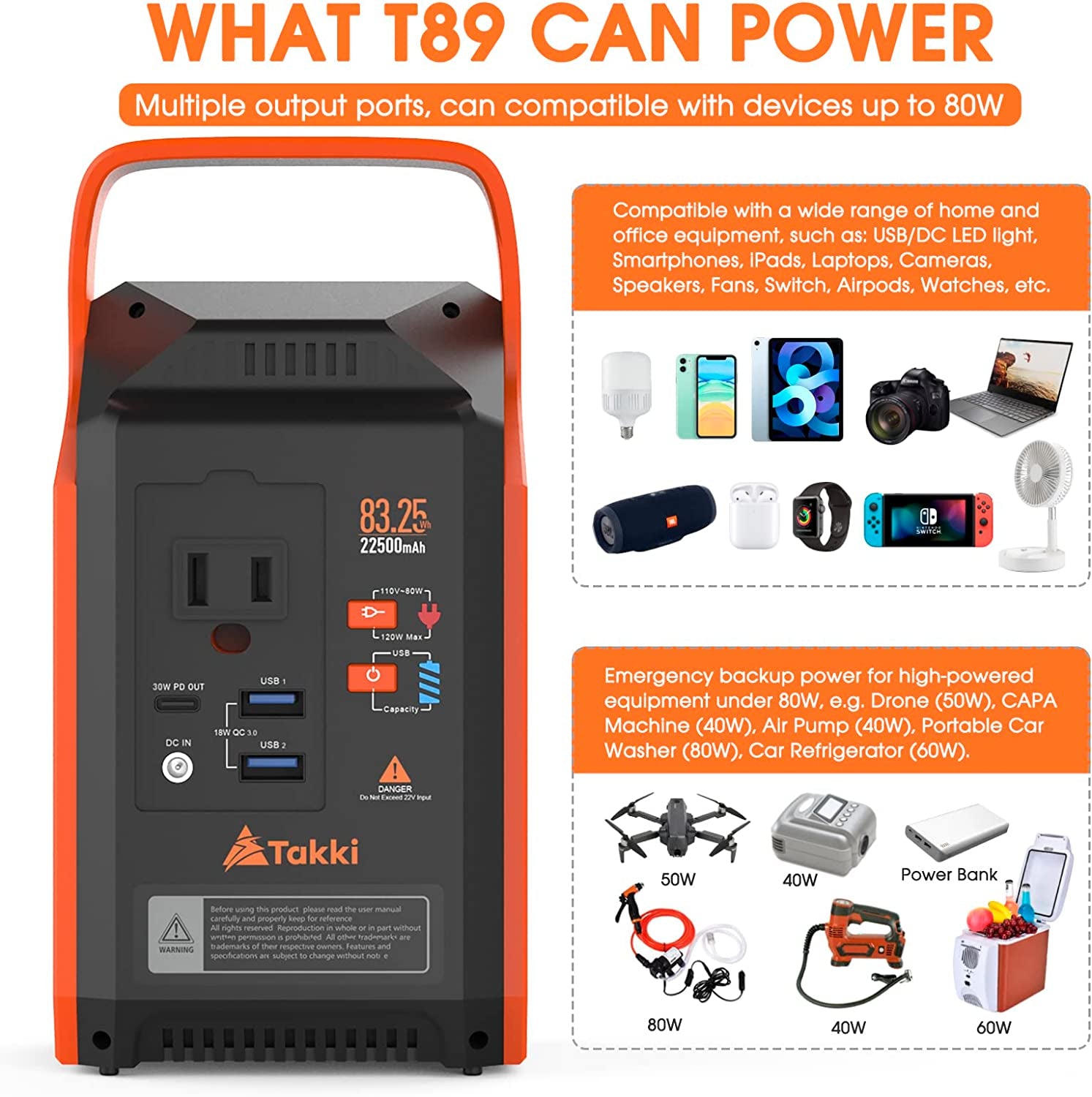 83Wh Portable Power Station, Takki Camping Solar Generator Power Bank with Flashlight and 110V AC Outlet Battery Backup for Camping, Home, Laptop, Emergency (Solar Panel Not Included)  Shenzhen Sbase Electronics Technology Co.,Ltd   