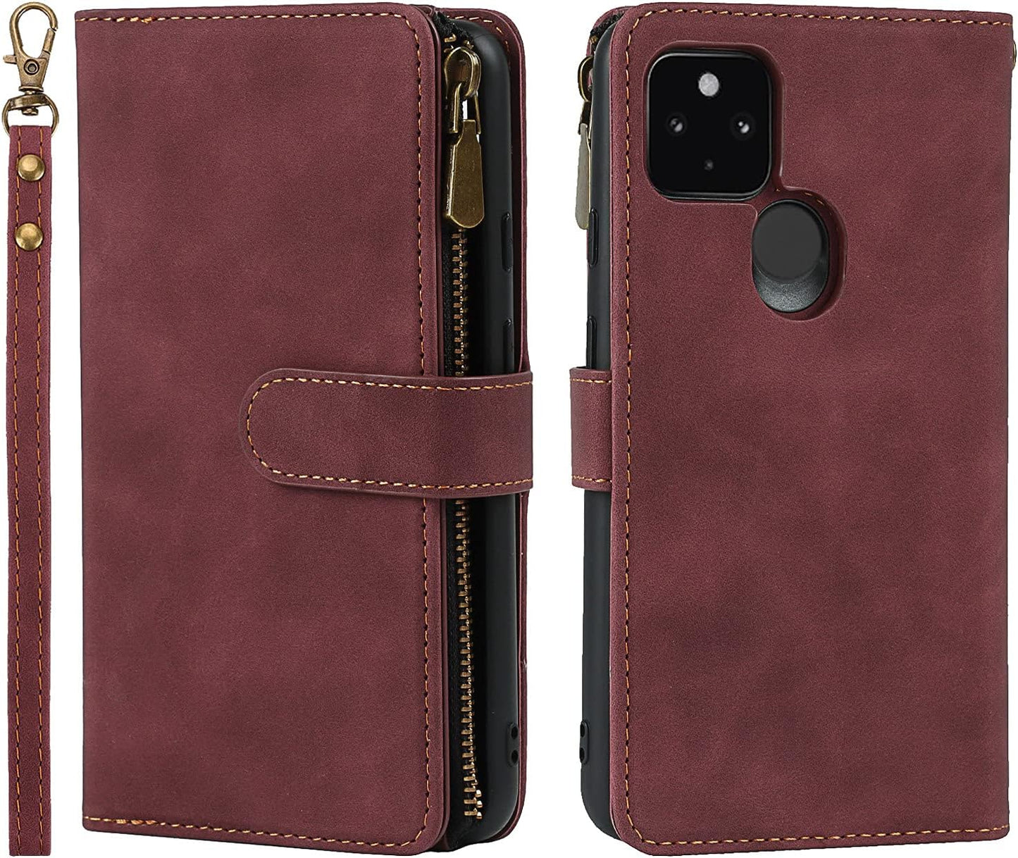 Sailortech Magnetic Detachable 2 in 1 Wallet Phone Case Design for Google Pixel 4A 5G with 6 Card Holder 1 Zipper Coin Wallet 1 Cash Slot Wrist Strap Kickstand for Women Men Wine Red  SAILOR   