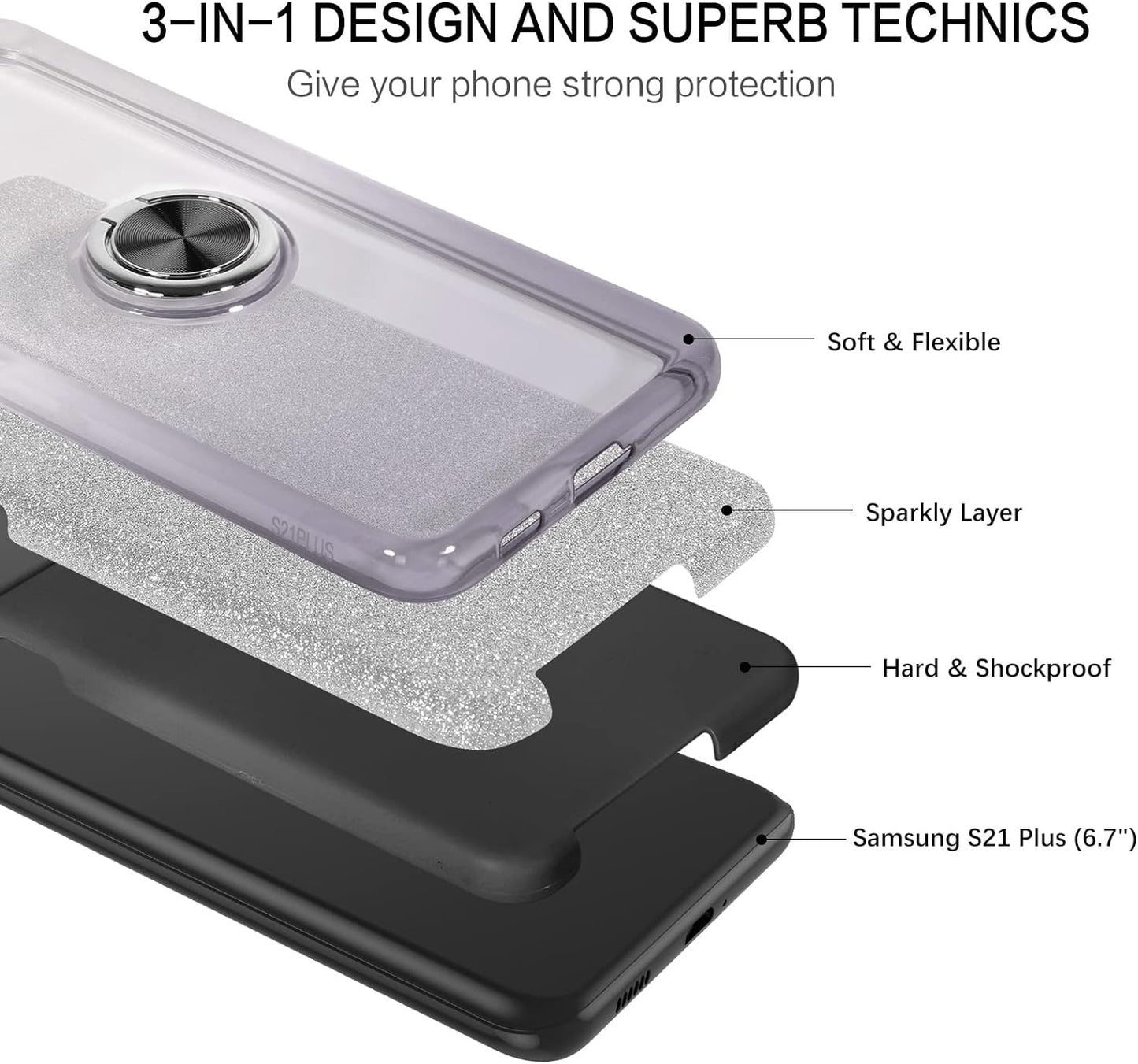 BENTOBEN Samsung Galaxy S21 plus Case 6.7", Sparkly Glitter Slim Phone Case with 360° Ring Holder Kickstand Car Mount Supported Dual Layer Protective Cover for Samsung Galaxy S21+ plus 5G 2021, Black  BENTOBEN   