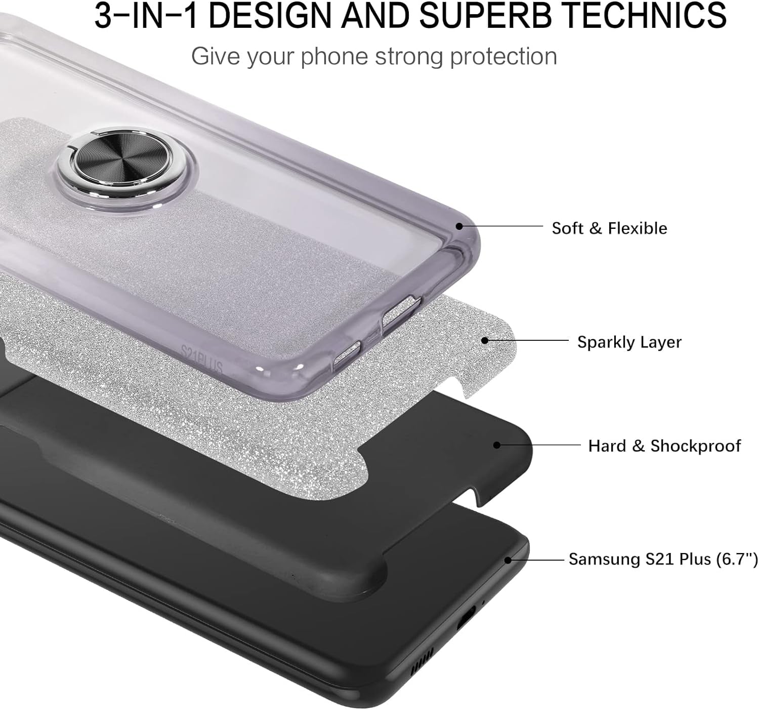 BENTOBEN Samsung Galaxy S21 plus Case 6.7", Sparkly Glitter Slim Phone Case with 360° Ring Holder Kickstand Car Mount Supported Dual Layer Protective Cover for Samsung Galaxy S21+ plus 5G 2021, Black  BENTOBEN   