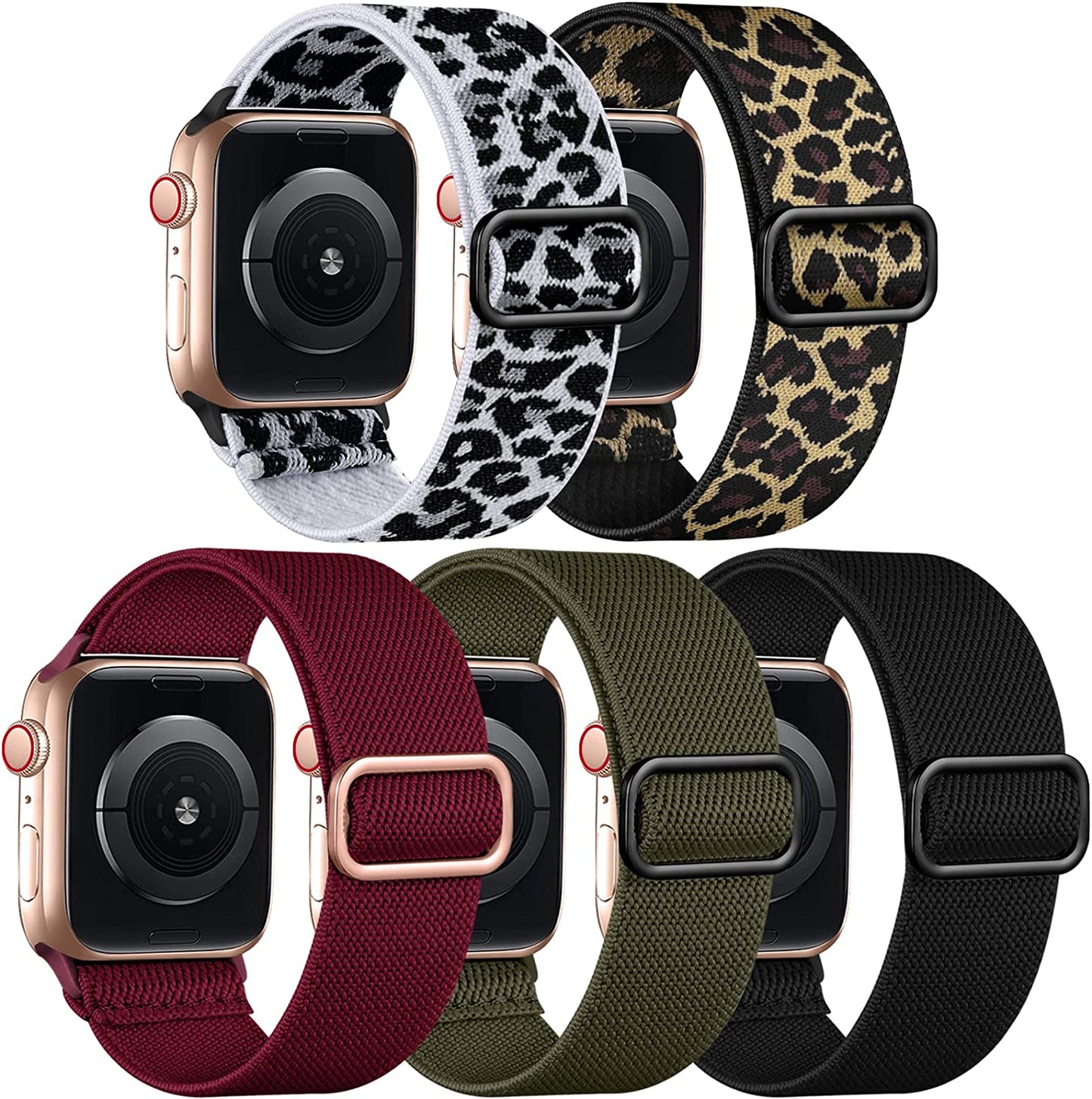Adorve 5 Pack Stretchy Solo Loop Bands Compatible with Apple Watch Ultral Band 38Mm 40Mm 42Mm 44Mm 41Mm 45Mm 49Mm for Women Men, Soft Nylon Elastic Braided Strap for Iwatch SE Series 8/7/6/5/4/3/2/1  Adorve Black/Leopard/Wine Red/Green/Cheetah 38mm/40mm/41mm 