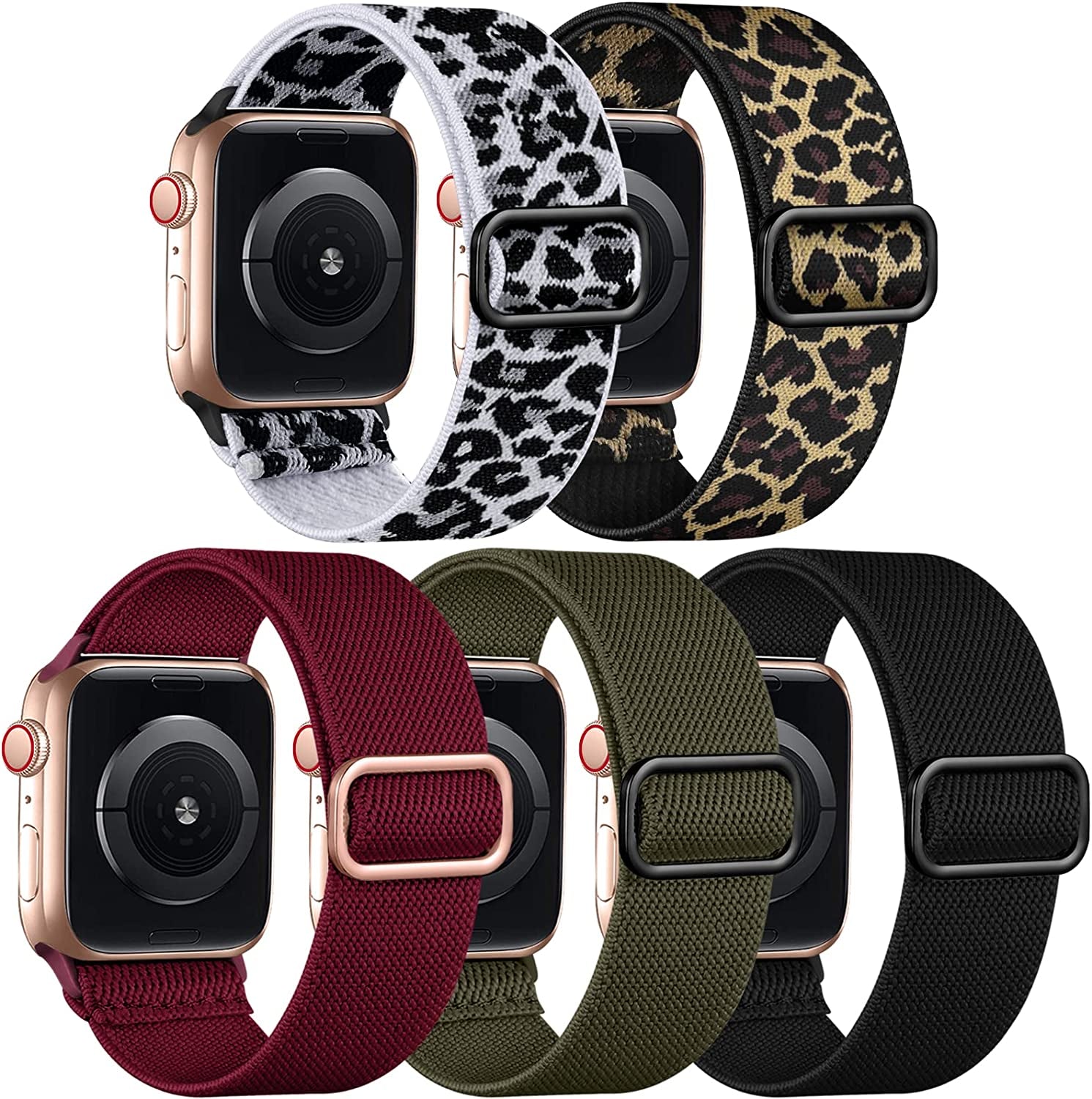 Adorve 5 Pack Stretchy Solo Loop Bands Compatible with Apple Watch Ultral Band 38Mm 40Mm 42Mm 44Mm 41Mm 45Mm 49Mm for Women Men, Soft Nylon Elastic Braided Strap for Iwatch SE Series 8/7/6/5/4/3/2/1  Adorve Black/Leopard/Wine Red/Green/Cheetah 38mm/40mm/41mm 