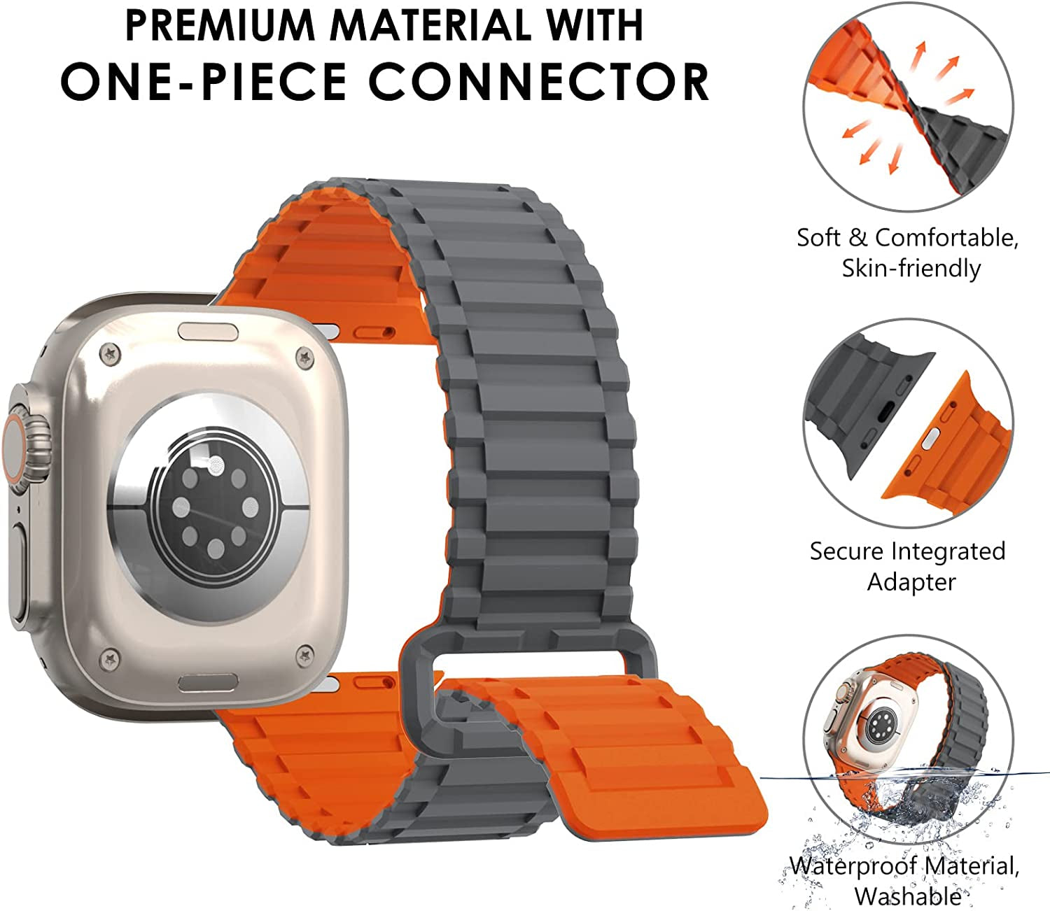 WINGLE for Apple Watch Ultra Band 49Mm Series 8 Series 7 45Mm 44Mm 42Mm Men, Strong Magnetic Bands Bracelet Adjustable Silicone Sport Strap for Apple Watch SE 6 5 4 3 2 1 Iwatch Women,Grey/Orange  WINGLE   