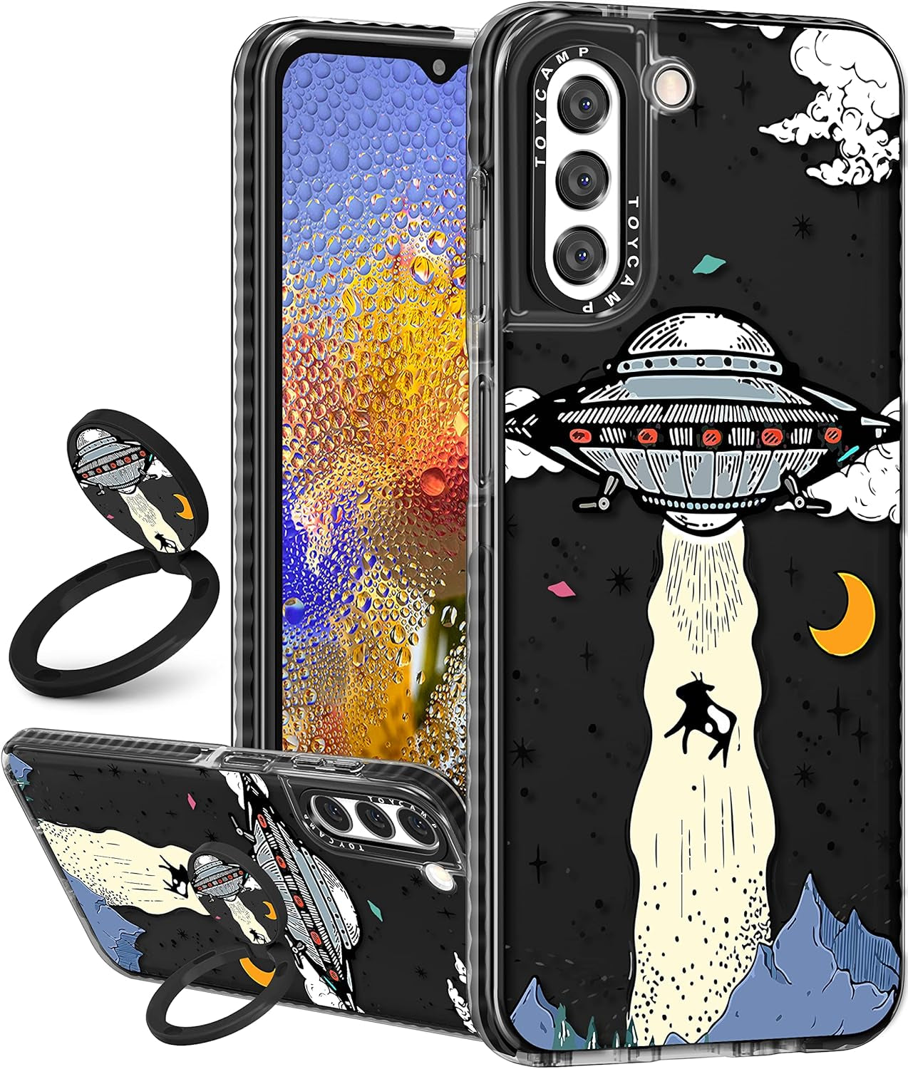 Toycamp for Samsung Galaxy S22 Case for Women, Colorful Butterfly Cute Girly Print Design for Girls Teens Case with Ring Kickstand (6.1 Inch), Black  Toycamp Black Ufo Alien  