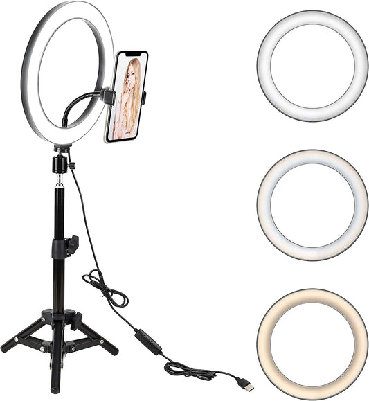 10" LED Selfie Ring Light with Tripod Stand & Cell Phone Holder for Tiktok/Live Stream/Makeup, BONFOTO Dimmable Desktop Camera Ringlight for Youtube Video/Photography Compatible with Iphone/Android  BONFOTO   