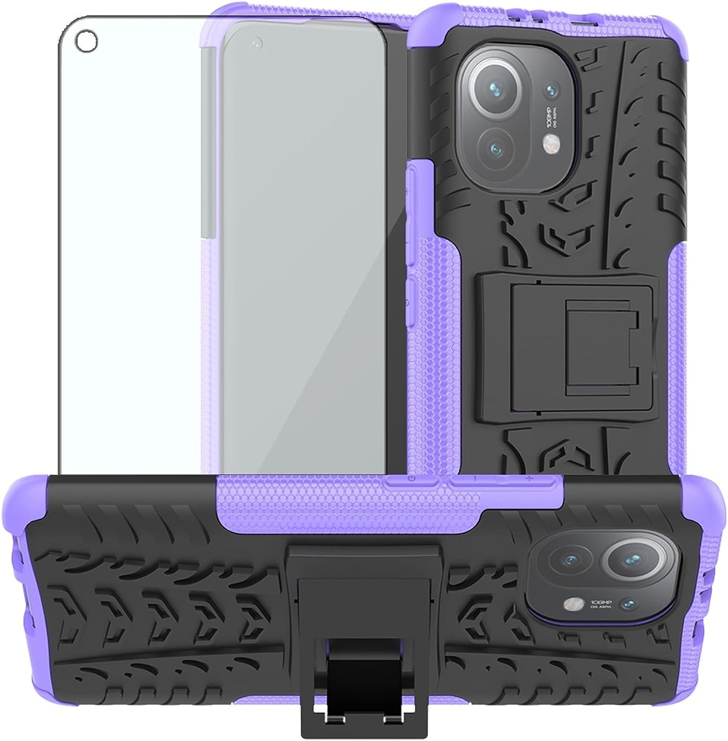 Phone Case for Xiaomi Mi 11 5G with Tempered Glass Screen Protector Cover and Stand Kickstand Slim Hard Rugged Hybrid Protective Cell Accessories Mi11 G5 Cases Men Boys Women Girls Kids Black Red  Asuwish Purple For Mi 11 