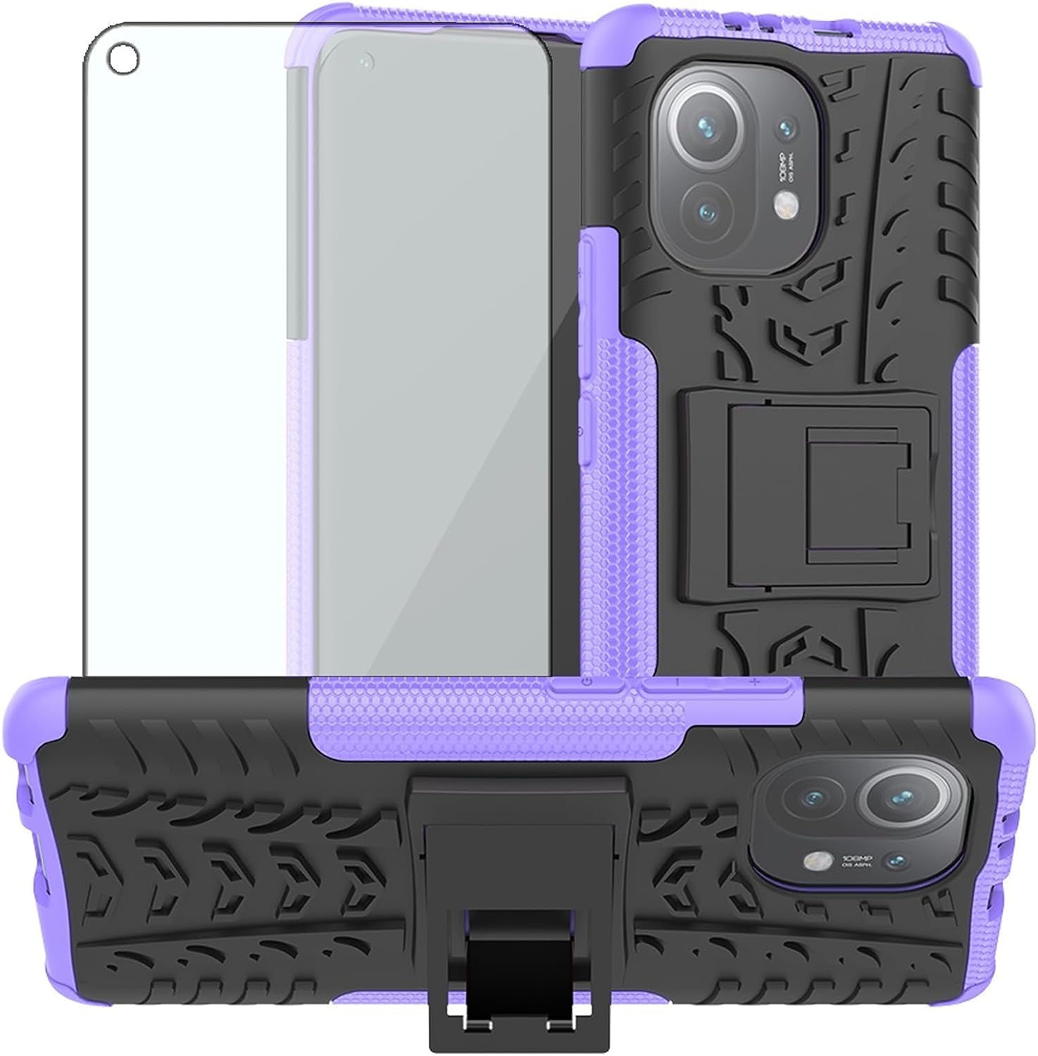 Phone Case for Xiaomi Mi 11 5G with Tempered Glass Screen Protector Cover and Stand Kickstand Slim Hard Rugged Hybrid Protective Cell Accessories Mi11 G5 Cases Men Boys Women Girls Kids Black Red  Asuwish Purple For Mi 11 