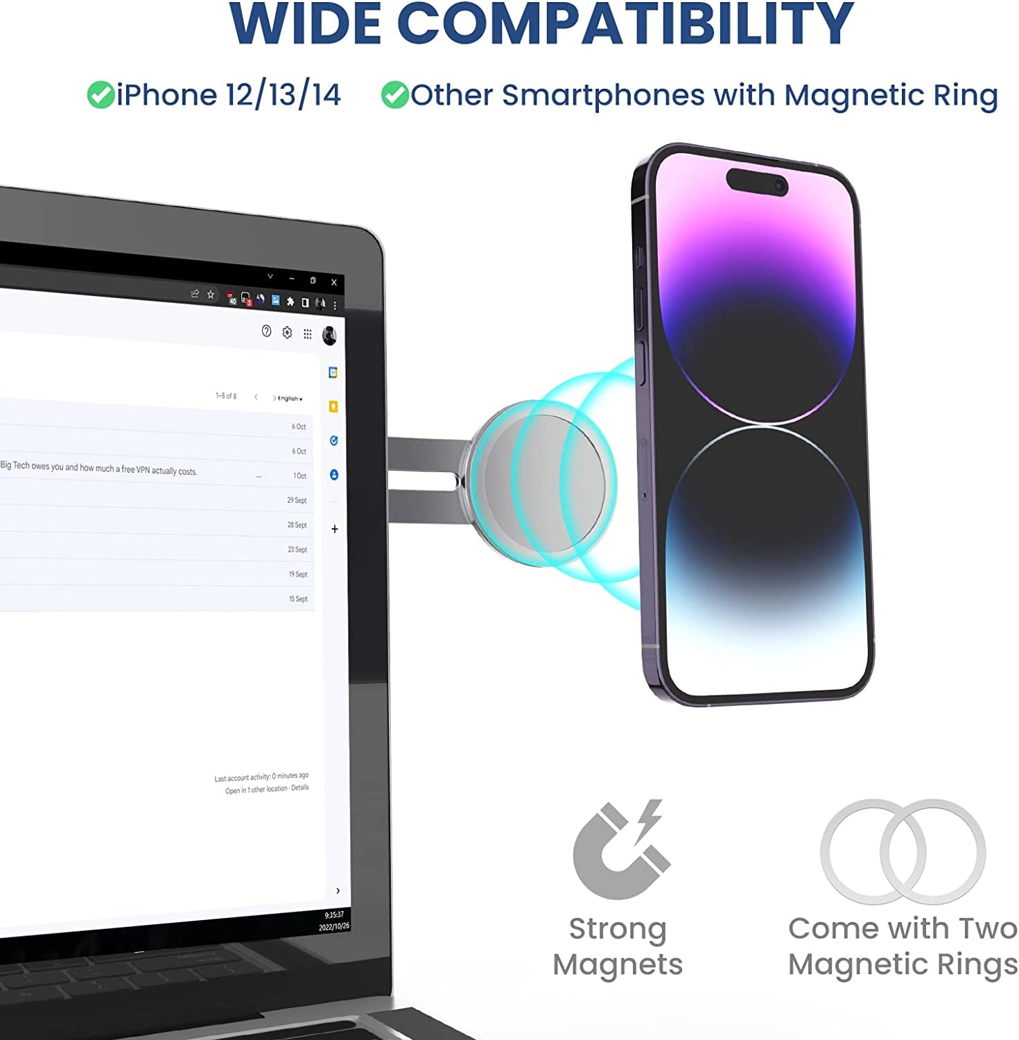 HAMOPY Magnetic Laptop Phone Mount, 180° Adjustable Continuity Camera Mount, Flippable Monitor Side Mount Laptop Extension Bracket, Slim Magsafe Phone Holder for Iphone 14/13/12 Series and More  HAMOPY   