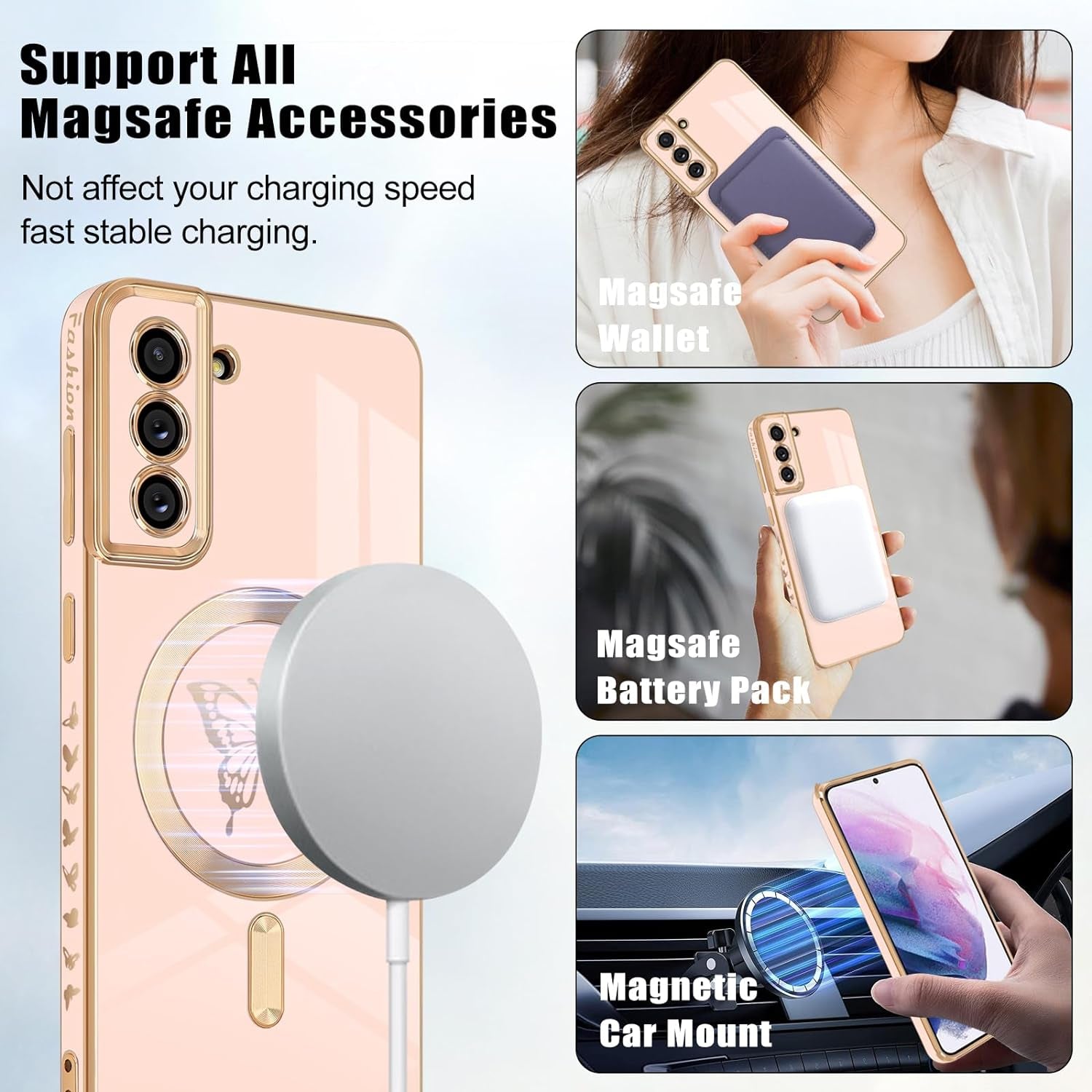 Newseego for Samsung Galaxy S21 plus 5G Magnetic Case, Cute Butterfly Plating Edge Case with Magsafe for Women Girls Men Soft TPU Bumper Shockproof Protective Cover for Samsung Galaxy S21 Plus-Pink  Newseego   