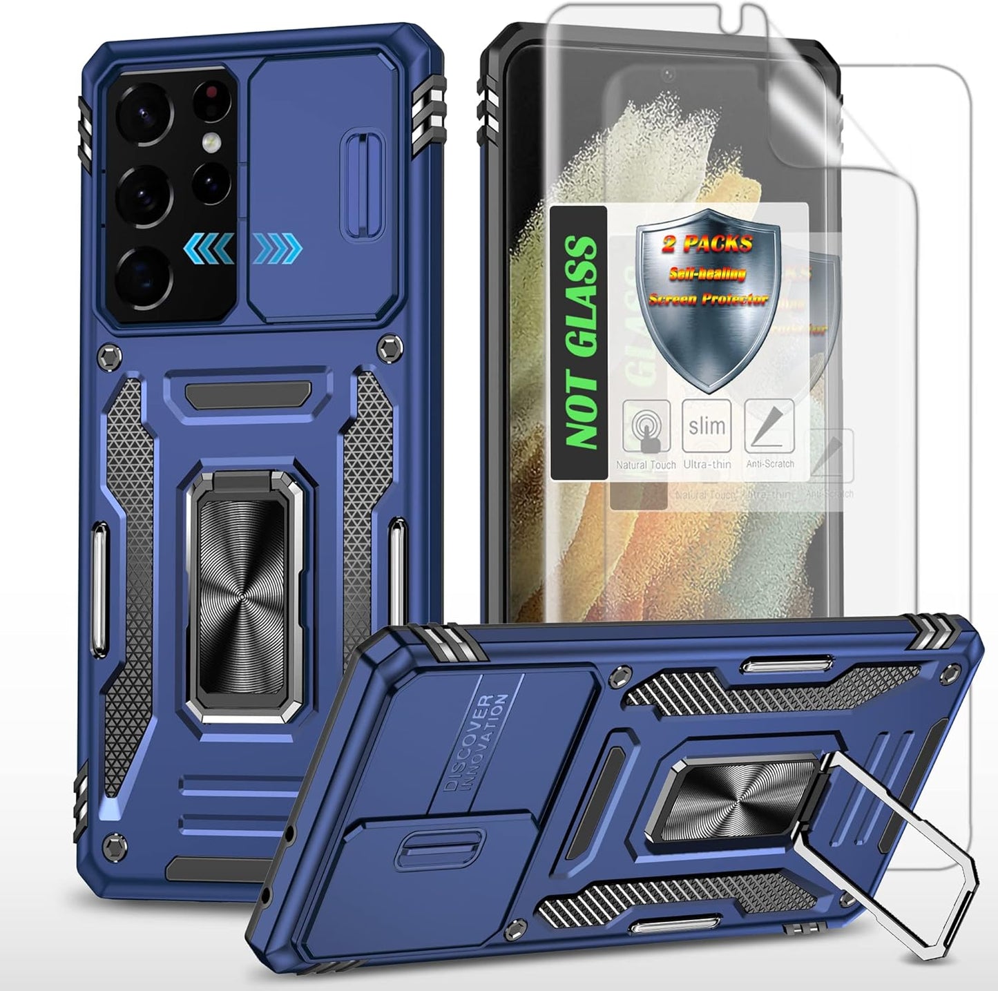 AYMECL Case for S21 Ultra 5G,Galaxys21 Ultra 5G Case with Slide Camera Cover&[2 Packs] Self-Healing Film,360° Rotate Ring Stand Magnetic Cover Case for Samsung Galaxy S21 Ultra 5G 6.8"-Blue  AYMECL   