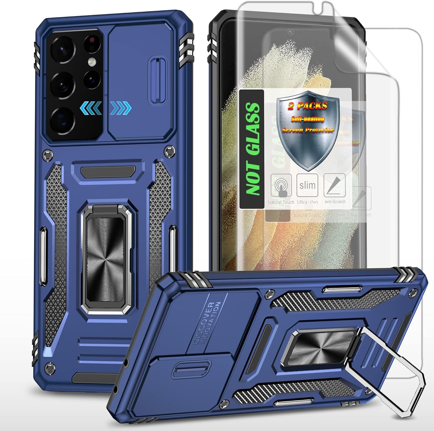 AYMECL Case for S21 Ultra 5G,Galaxys21 Ultra 5G Case with Slide Camera Cover&[2 Packs] Self-Healing Film,360° Rotate Ring Stand Magnetic Cover Case for Samsung Galaxy S21 Ultra 5G 6.8"-Blue  AYMECL   