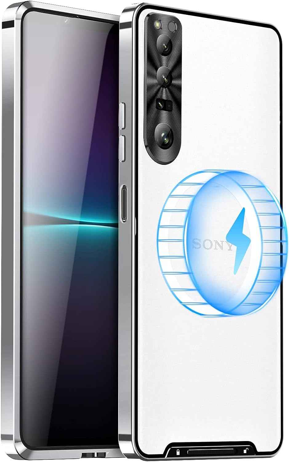 LOVE MEI Shockproof Case for Sony Xperia 1 V, Metal Frame Bumper Case + Matte PC Back Cover [Ultra Thin] [Scratch Resistant] with Lens Protection Support Magnetic Wireless Charger (Black)  LOVE MEI Silver  