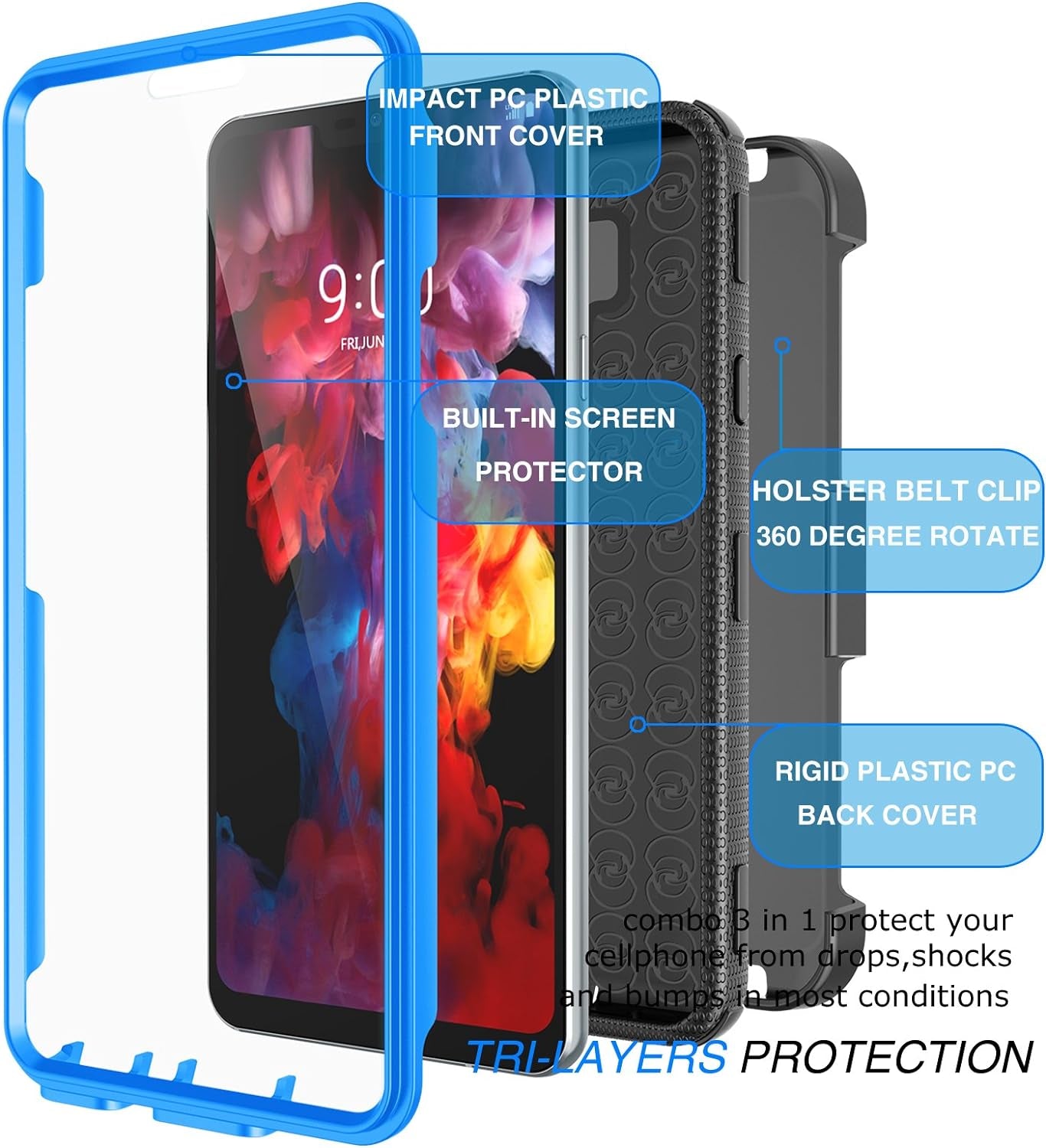 Tekcoo Holster Clip for LG G7 Thinq / 2018 LG G7, [Tshell] [Built-In Screen] Shock Absorbing Secure Swivel Locking Belt Defender Full Body Kickstand Carrying Sturdy Armor Case Cover [Blue]  Tekcoo   