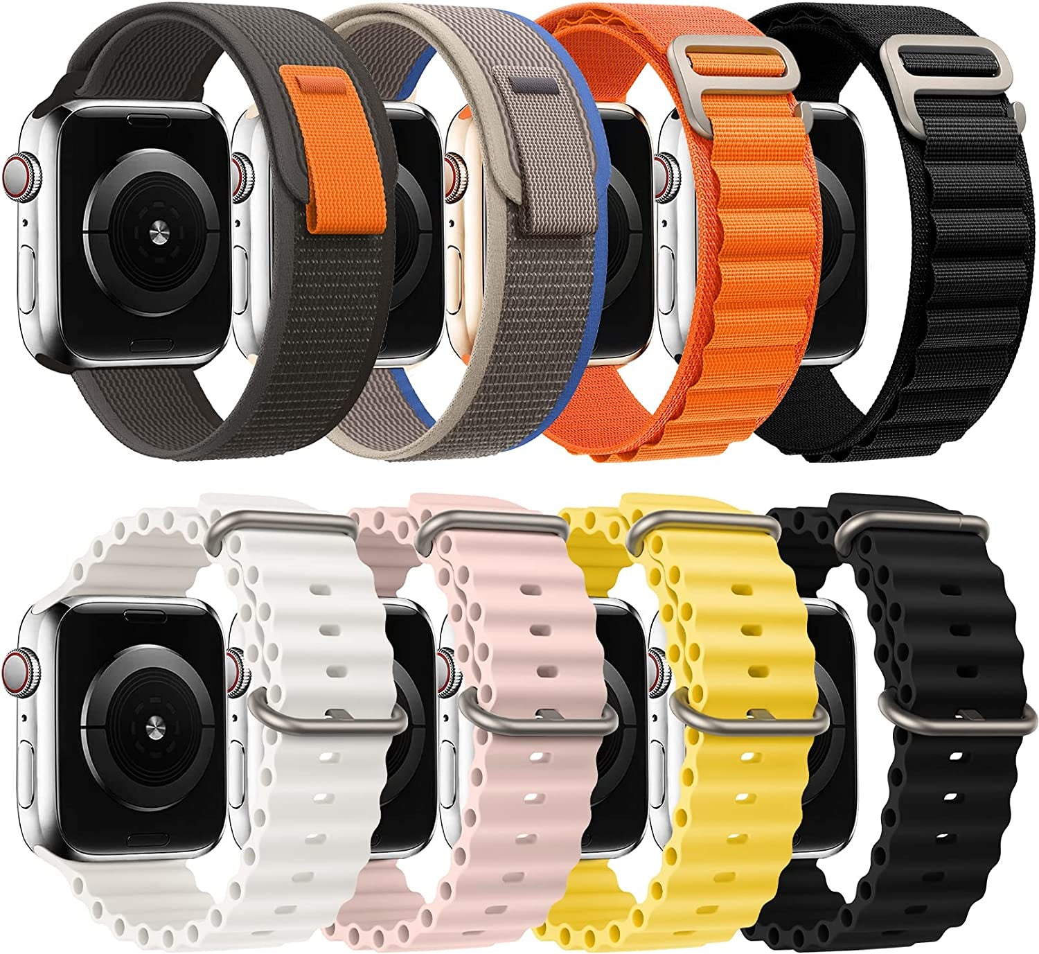 8 Pack Bands - Alpine Loop+Trail Loop+Ocean Band Compatible with Apple Watch Band 49Mm 45Mm 44Mm 42Mm for Men Women, Adjustable Sport Strap for Iwatch Ultra Series 8/7/6/5/4/3/2/1/SE  GDKBAND Black/Orange/Black/Blue/Black/White/Yellow/Pink 42/44/45/49mm 