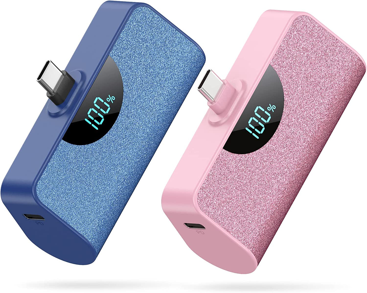 [2 Pack] Mini Portable Charger USB-C Power Bank 5200Mah,Lcd Display 15W PD Fast Charging Battery Pack Backup Charger Compatible with Samsung Galaxy S22/S21/S10/S9,Note 20/10,Moto,Lg,Android Phones Etc  Dongguan Yuanhaoxun Technology Co., Ltd Pink+Blue  