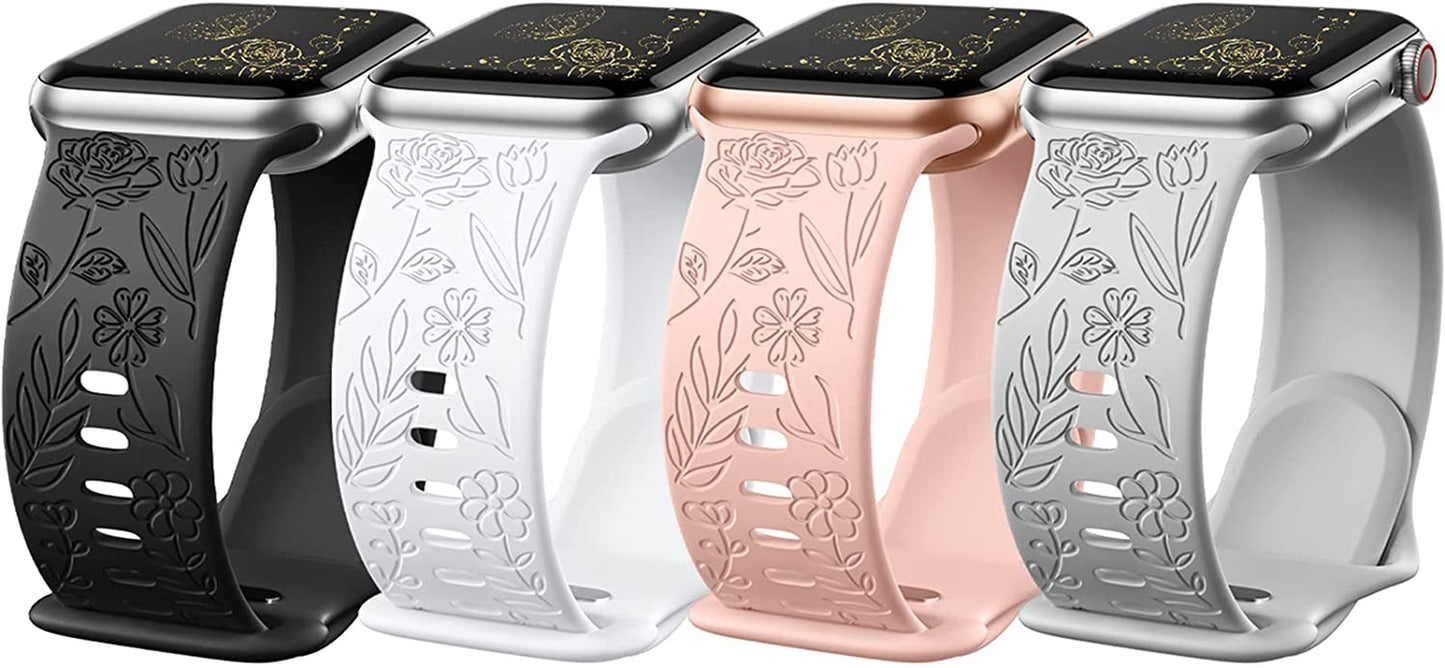 Daqin 4 Pack Band Compatible with Apple Watch Band 38Mm 40Mm 41Mm 42Mm 44Mm 45Mm 49Mm Women Men, Flower Engraved Soft Silicone Classy Sport Strap for Apple Watch Series 8 7 6 5 4 3 2 1 Iwatch Se/Ultra  Xuchangjiansenshangmaoyouxiangongsi   