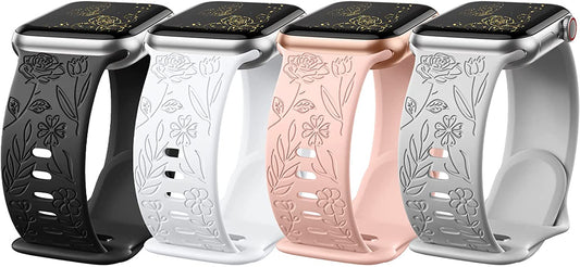 Daqin 4 Pack Band Compatible with Apple Watch Band 38Mm 40Mm 41Mm 42Mm 44Mm 45Mm 49Mm Women Men, Flower Engraved Soft Silicone Classy Sport Strap for Apple Watch Series 8 7 6 5 4 3 2 1 Iwatch Se/Ultra  Xuchangjiansenshangmaoyouxiangongsi   