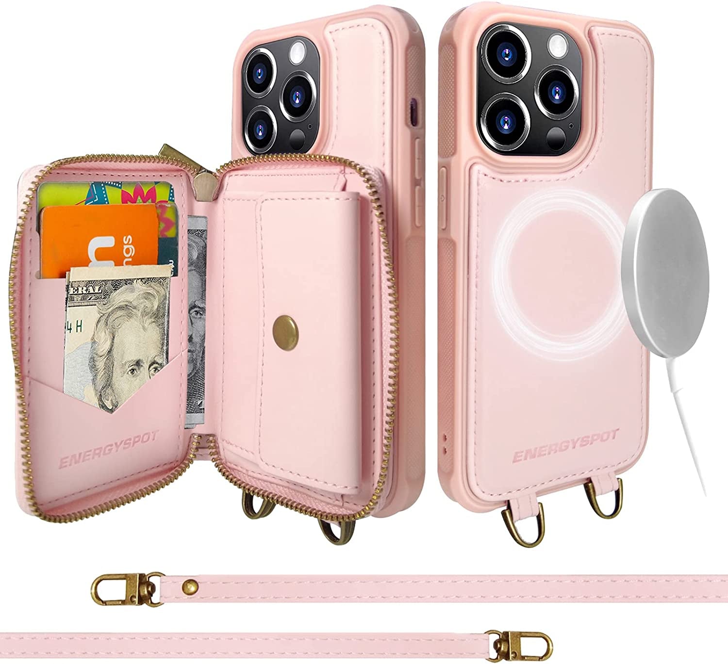 Energyspot Design for Iphone 14 Pro Max Case Compatible with Magsafe Charger Magnetic Removable Wallet Card Holder Slim Thin Leather Cover with 4.5Ft Lanyard (Pink)  EnergySpot   