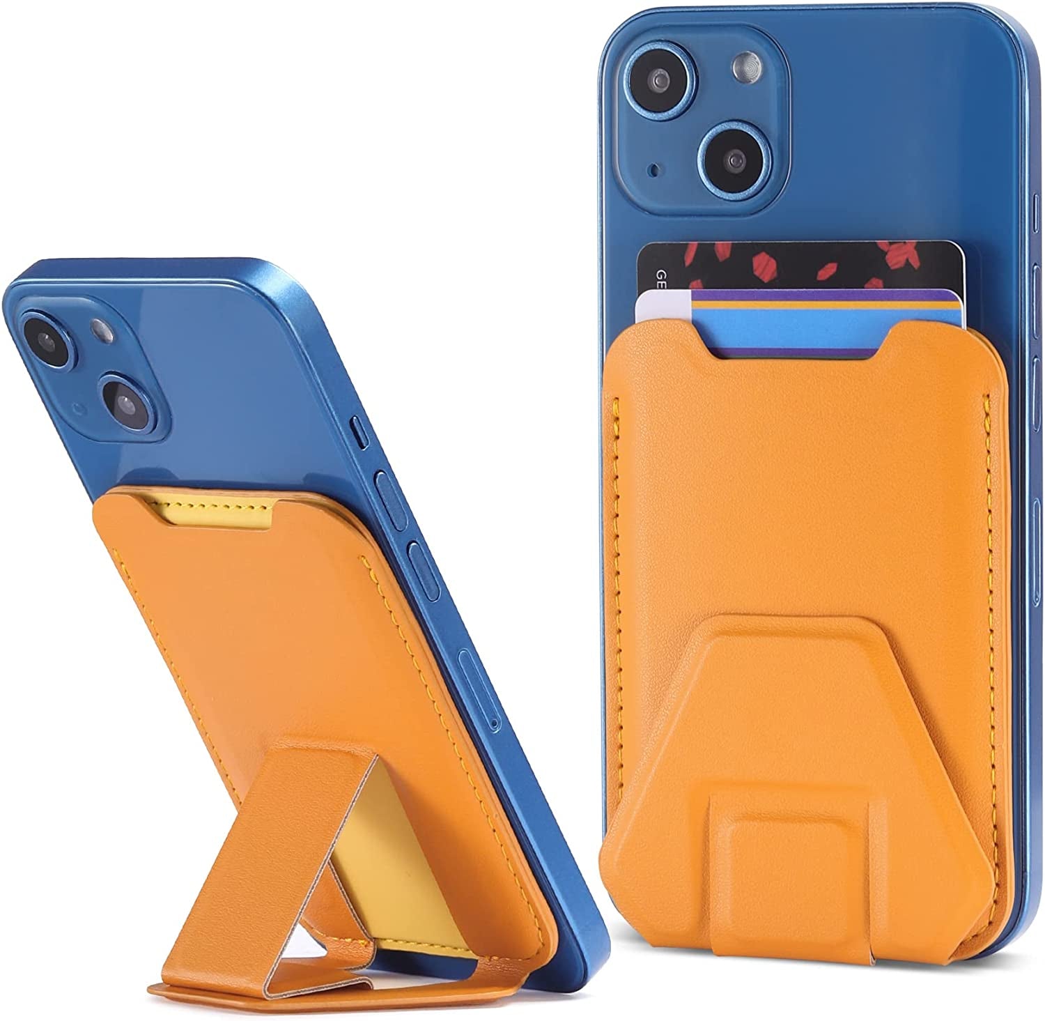 Magnetic Card Wallet Holder for Apple Magsafe, Phone Stand & Card Holder Magnetic Wallet for Apple Iphone 13/12 Magsafe Wallet, Leather Magsafe Wallet for Back of Iphone 13 Iphone 12 Series, Black  TopMade Orange  