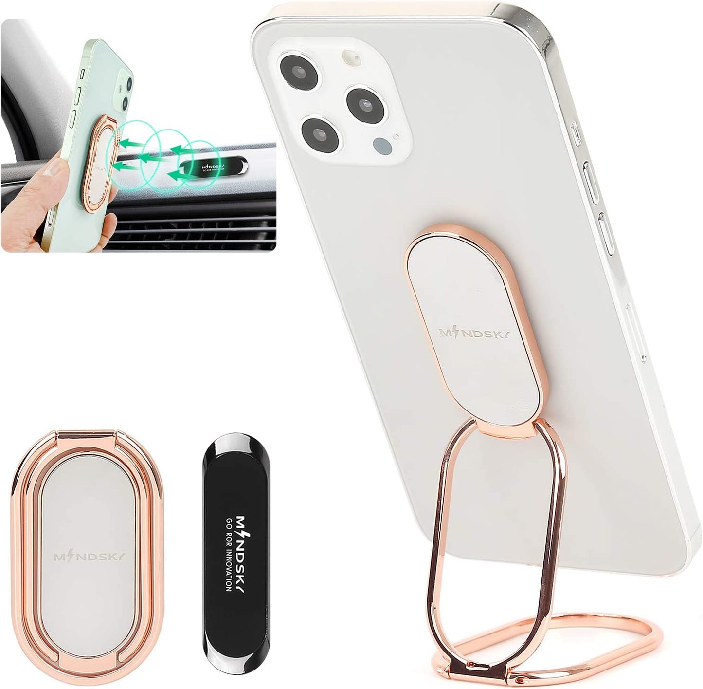 Mindsky Phone Ring Holder Finger Kickstand Retractable 360°Rotation Ultra-Thin Cell Phone Back Grip Foldable Cellphone Stand for Iphone Ipad Smartphones Tablets (With Universal Magnetic Car Mount)  Mindsky   