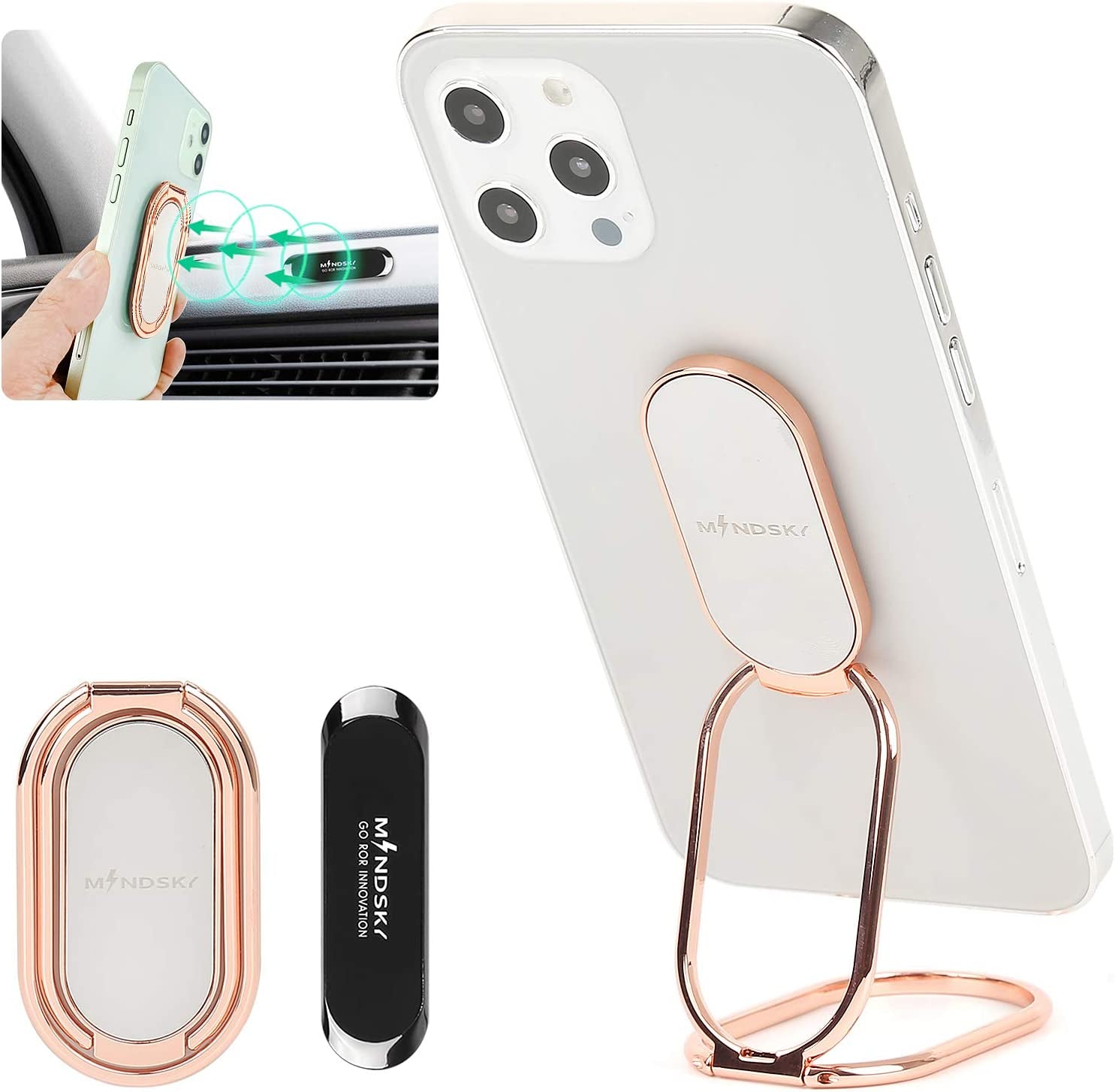 Mindsky Phone Ring Holder Finger Kickstand Retractable 360°Rotation Ultra-Thin Cell Phone Back Grip Foldable Cellphone Stand for Iphone Ipad Smartphones Tablets (With Universal Magnetic Car Mount)  Mindsky   
