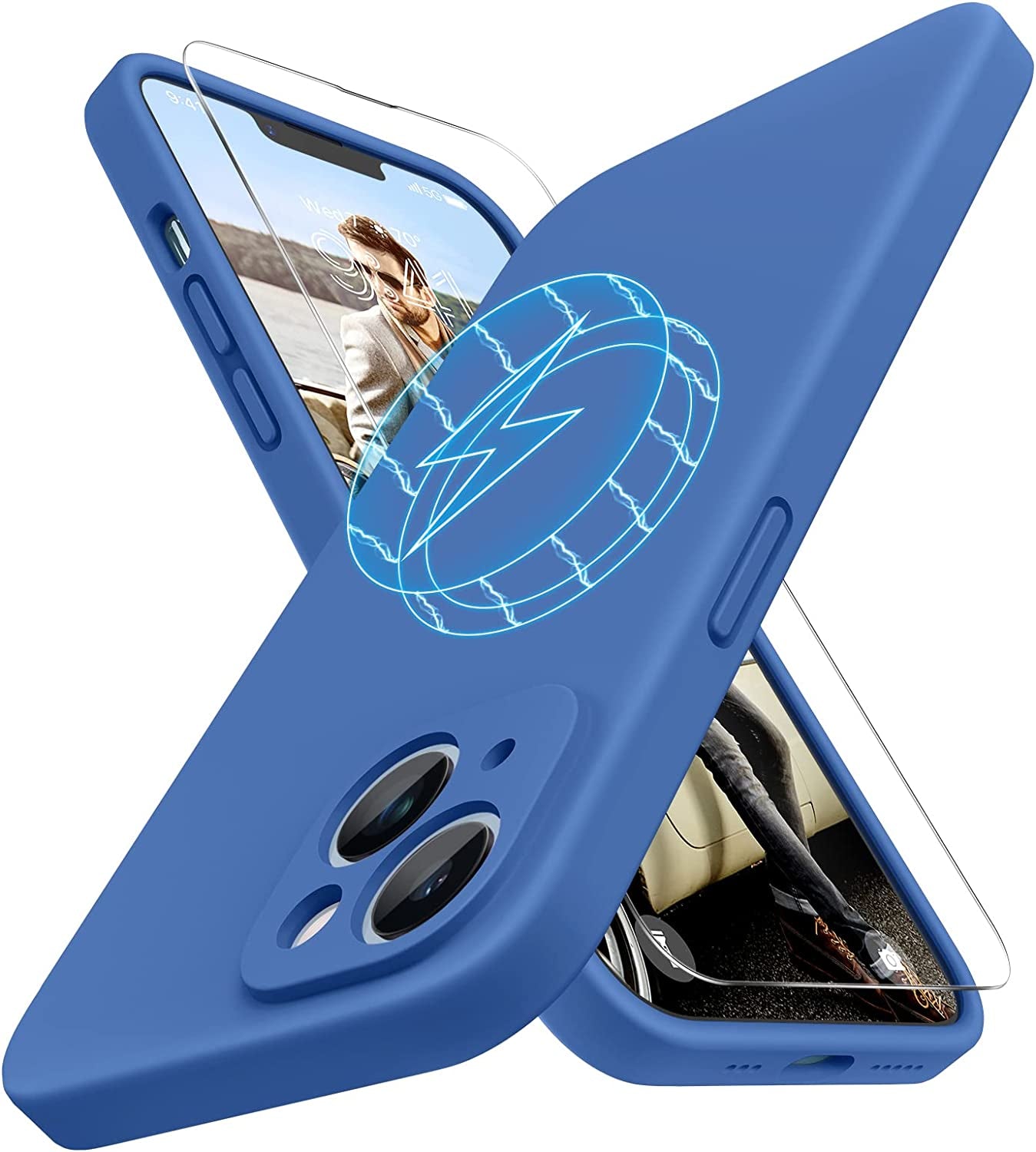 Miracase Magnetic Case Designed for Iphone 14 Case with Screen Protector,[Upgraded Enhanced Camera Protection],Shockproof Liquid Silicone Case 6.1 Inch,Acacia Green-Magnetic  Miracase Azure Blue-Magnetic  