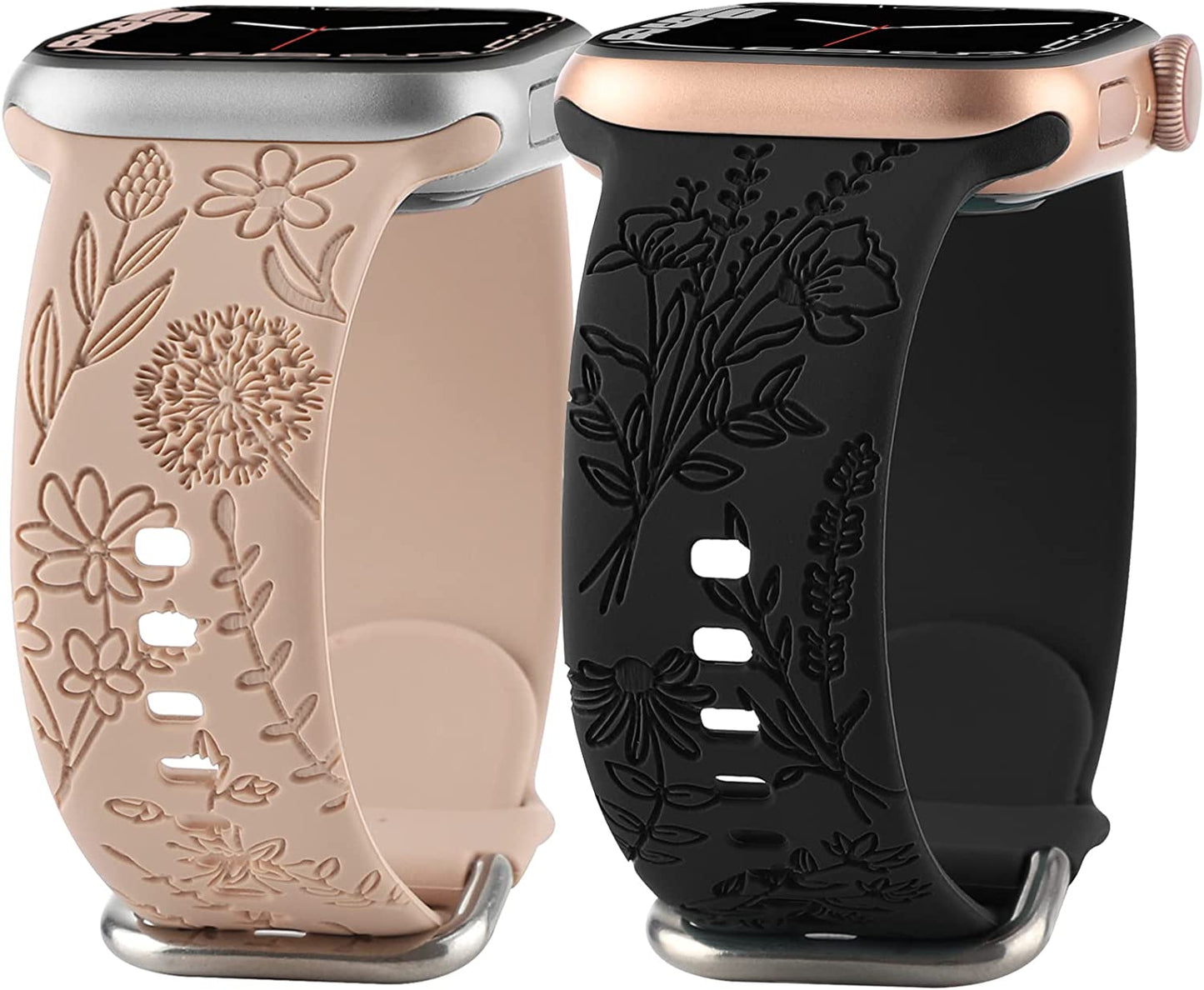 Flower Engraved Silicone Band Compatible with Apple Watch Bands 38Mm 40Mm 41Mm, Cute Women Wildflowers Floral Design Soft Sport Strap Replacement Wristbands for Iwatch Series 8 7/SE/6/5/4/3/2/1  FERJITGR Walnut Brown Black 38/40/41mm 