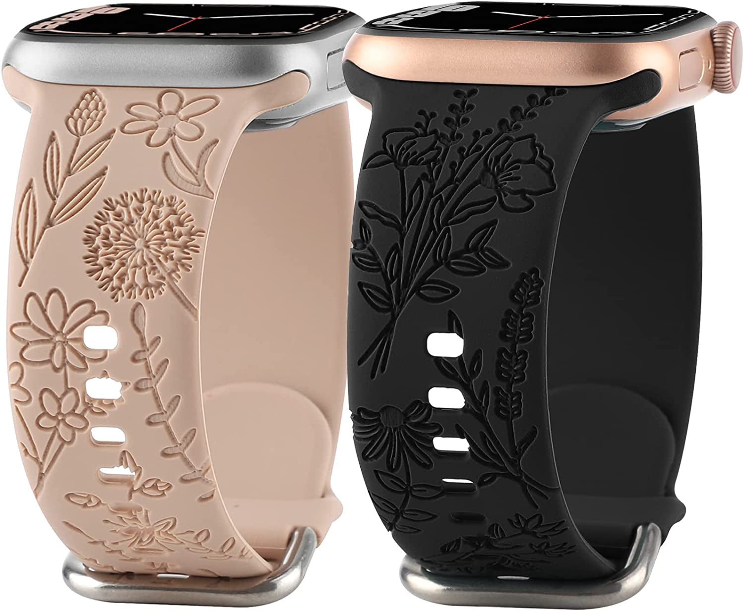 Flower Engraved Silicone Band Compatible with Apple Watch Bands 38Mm 40Mm 41Mm, Cute Women Wildflowers Floral Design Soft Sport Strap Replacement Wristbands for Iwatch Series 8 7/SE/6/5/4/3/2/1  FERJITGR Walnut Brown Black 38/40/41mm 