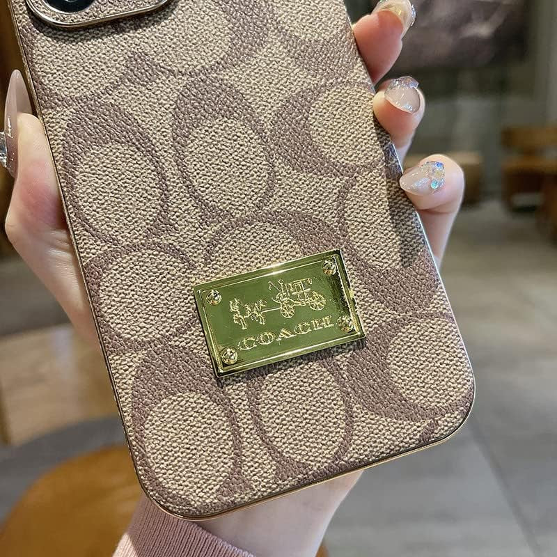 Designer Iphone 14 plus Case for Women Luxury 6.7 Inch, Leather Back Edge with Plate Gold Rim Classic Pattern Bling Glitter Nameplate Camera Protection Cover, Non Slip Shockproof Protective, Khaki  JIUDUIDODO   